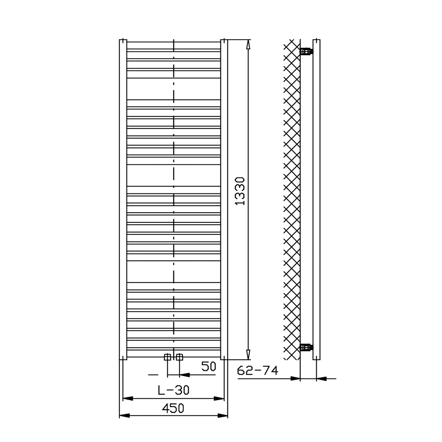 Aqualine TONDI otopné těleso rovné 450x1330 mm, středové připojení, černá mat, technický nákres
