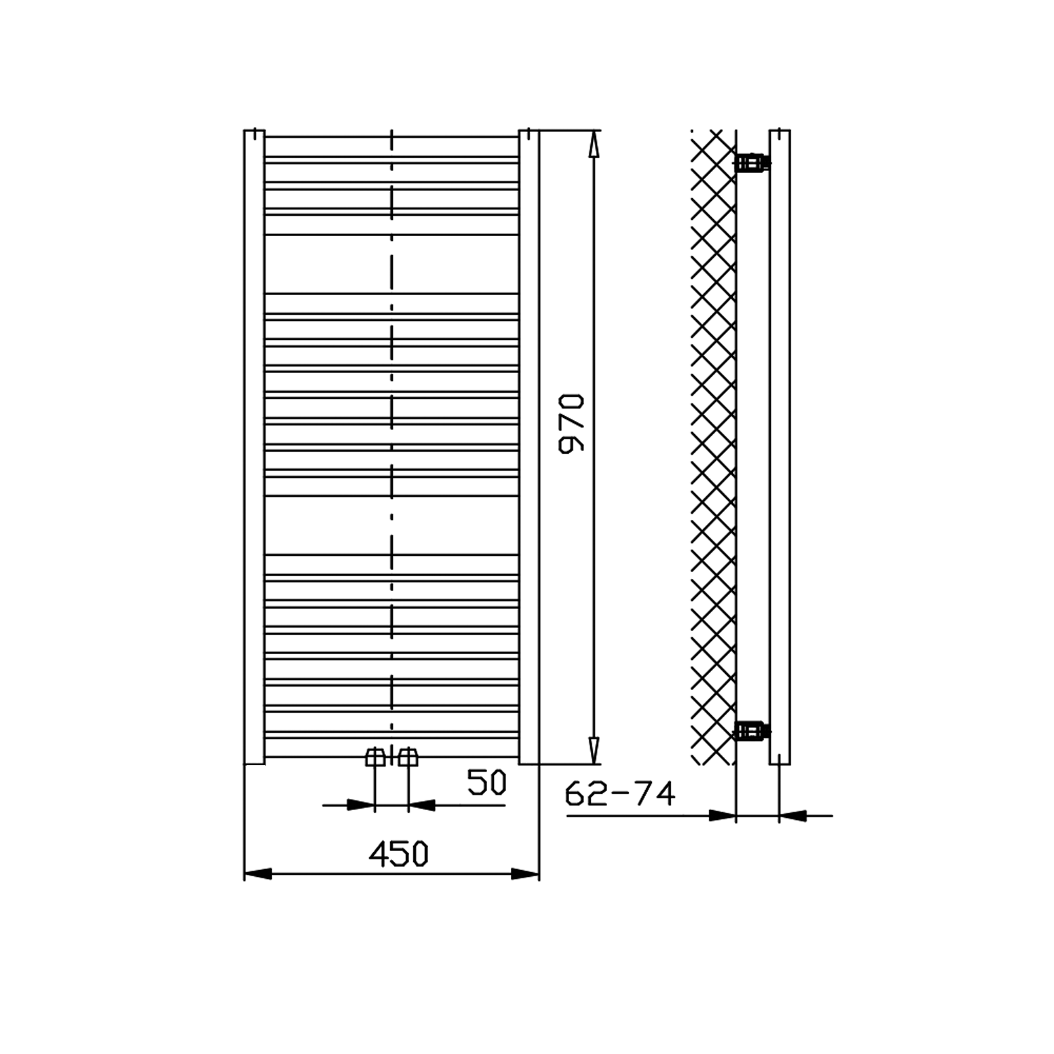 Aqualine TONDI otopné těleso rovné 450x970 mm, středové připojení, černá mat, technický nákres