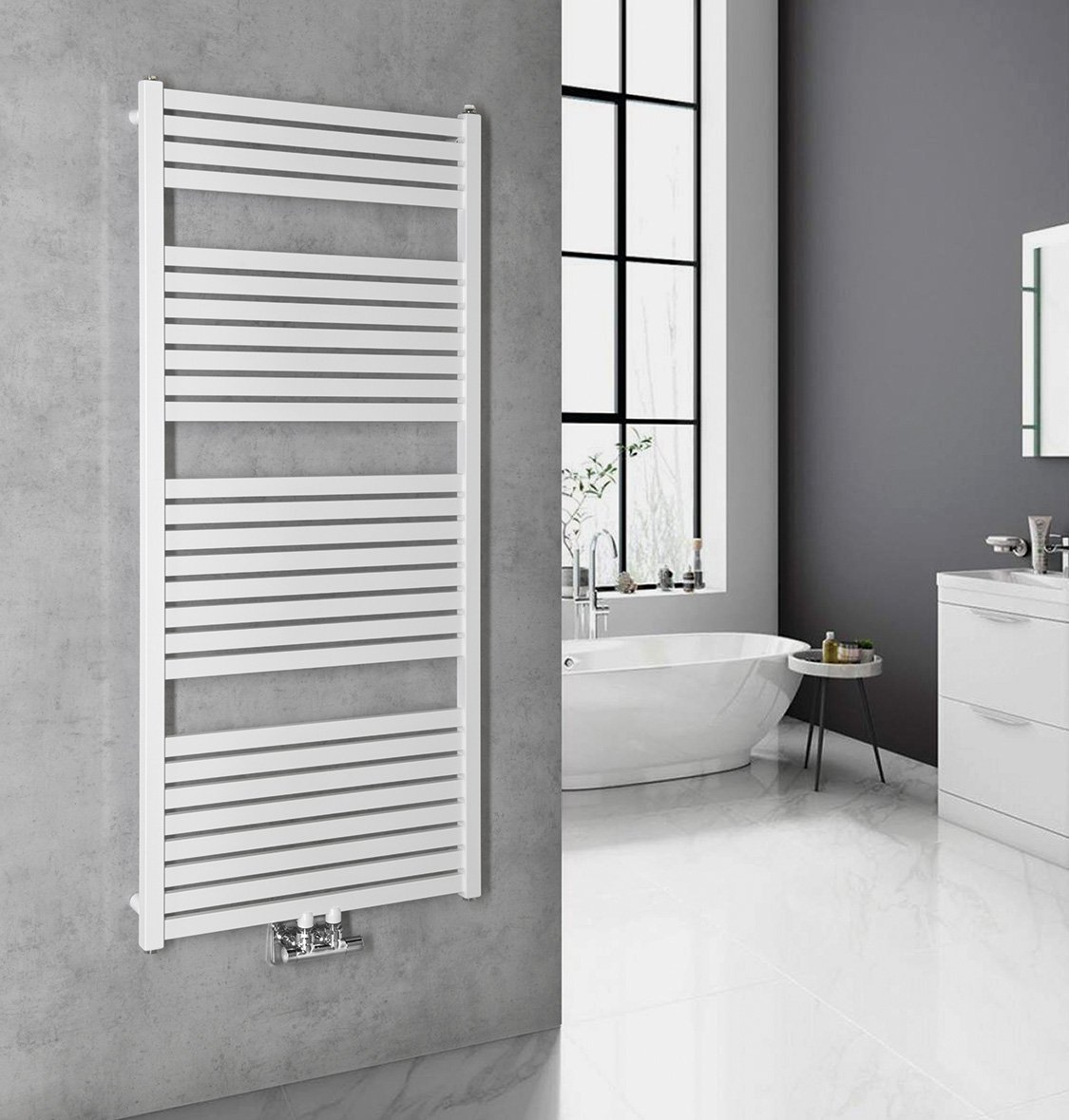 Aqualine TONDI otopné těleso rovné 600x1330 mm, středové připojení, bílá, na stěně v koupelně