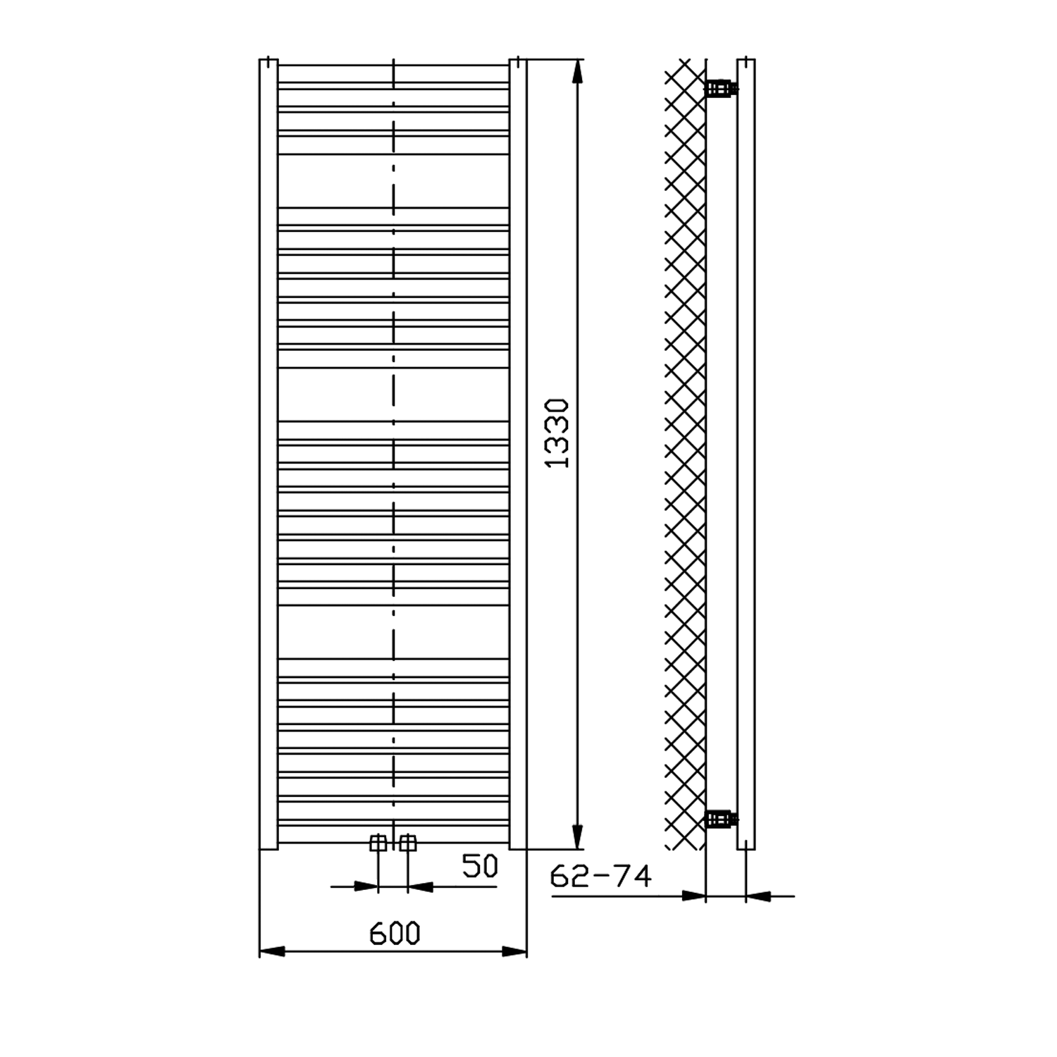Aqualine TONDI otopné těleso rovné 600x1330 mm, středové připojení, černá mat, technický nákres