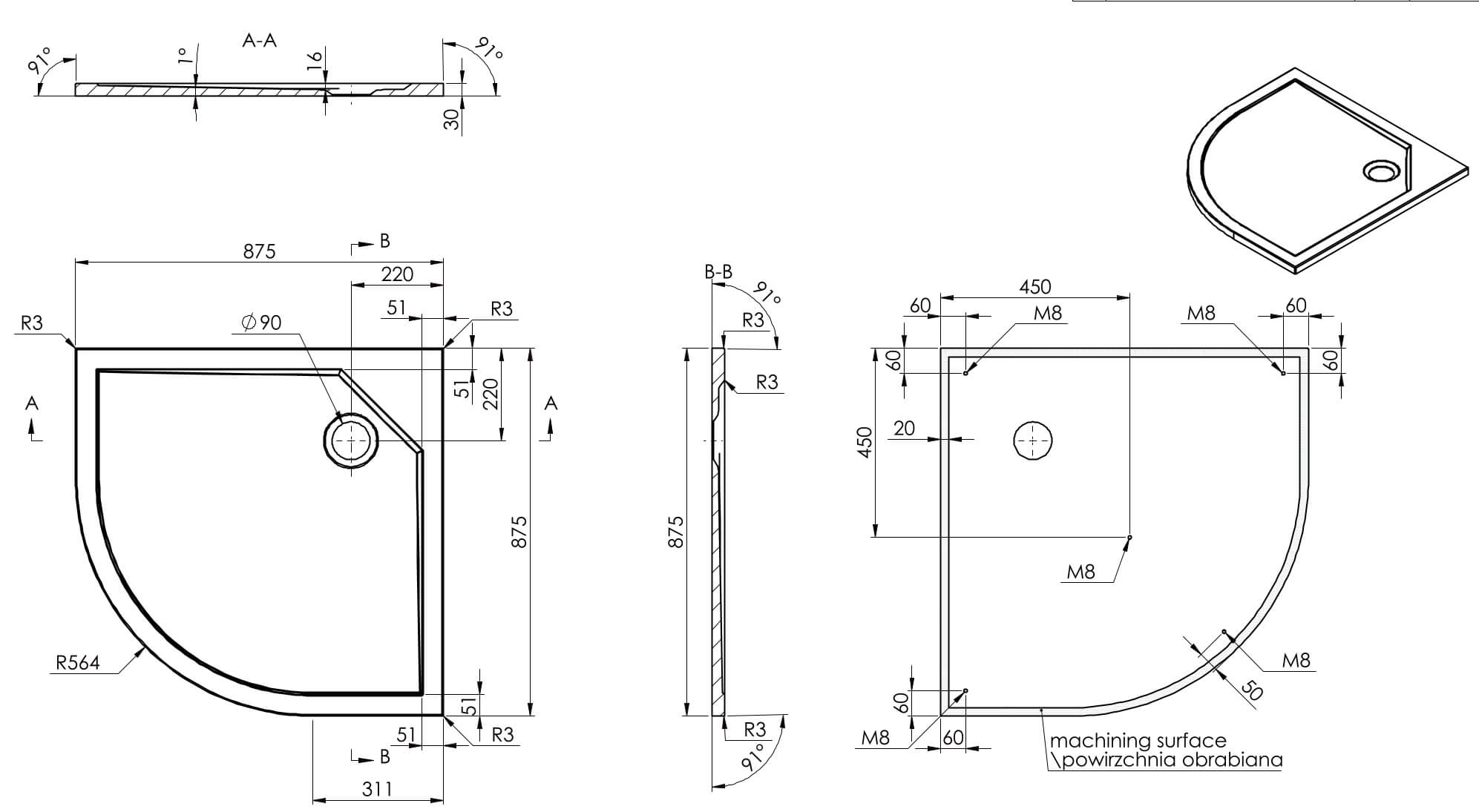 ARTTEC BRILIANT 90x90 cm - Parní sprchový box model 8 chinchilla sklo, technický nákres