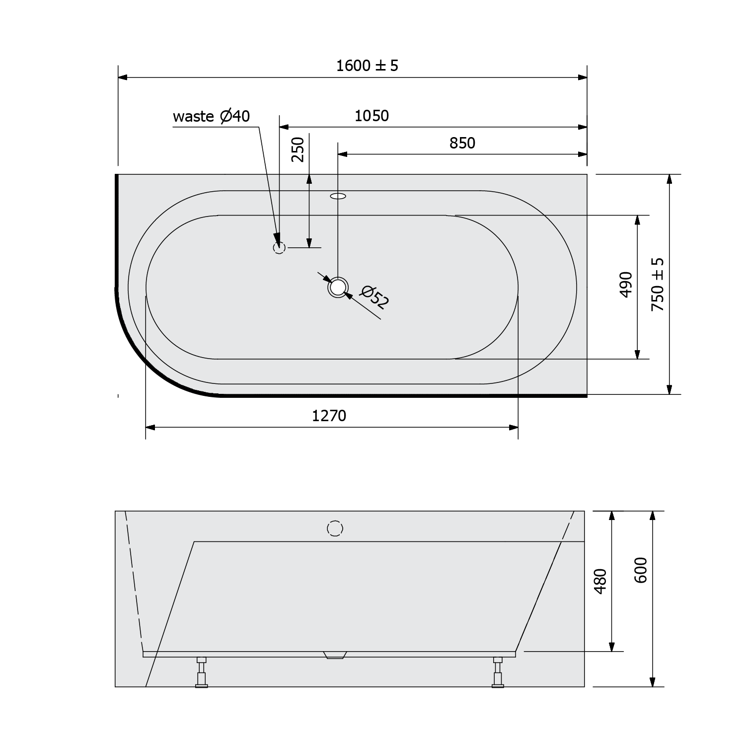 Polysan ASTRA R MONOLITH asymetrická vana 160x75x60cm, bílá/černá, technický nákres