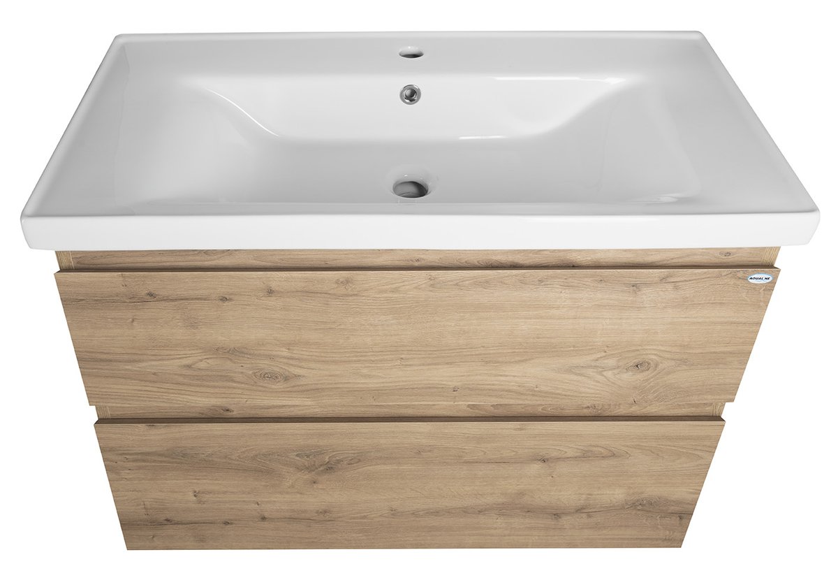 Aqualine ALTAIR umyvadlová skříňka 86,5x60x45cm, dub emporio, pohled zepředu a shora