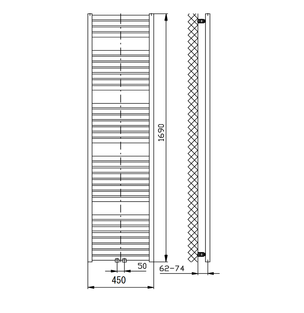 Aqualine TONDI otopné těleso rovné 450x1690 mm, středové připojení, černá mat, technický nákres