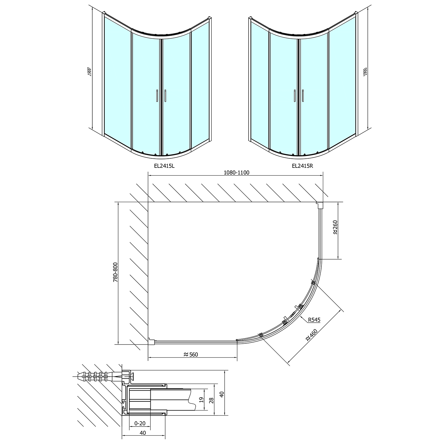 Polysan EASY čtvrtkruhová sprchová zástěna 1100x800mm, L/R, čiré sklo, technický nákres