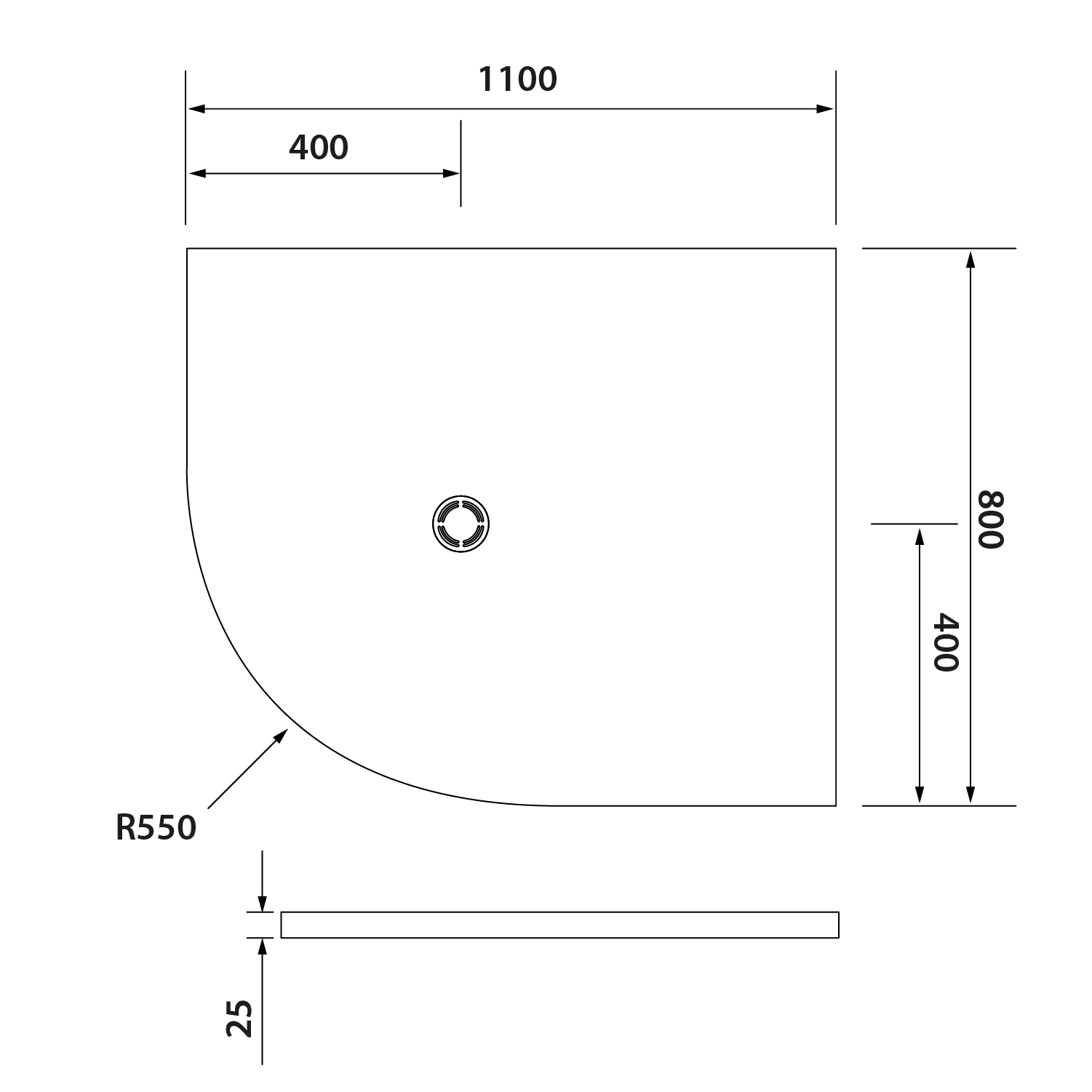 Polysan FLEXIA vanička z litého mramoru čtvrtkruh, s možností úpravy rozměru, 110x80cm, R550, pravá, technický nákres