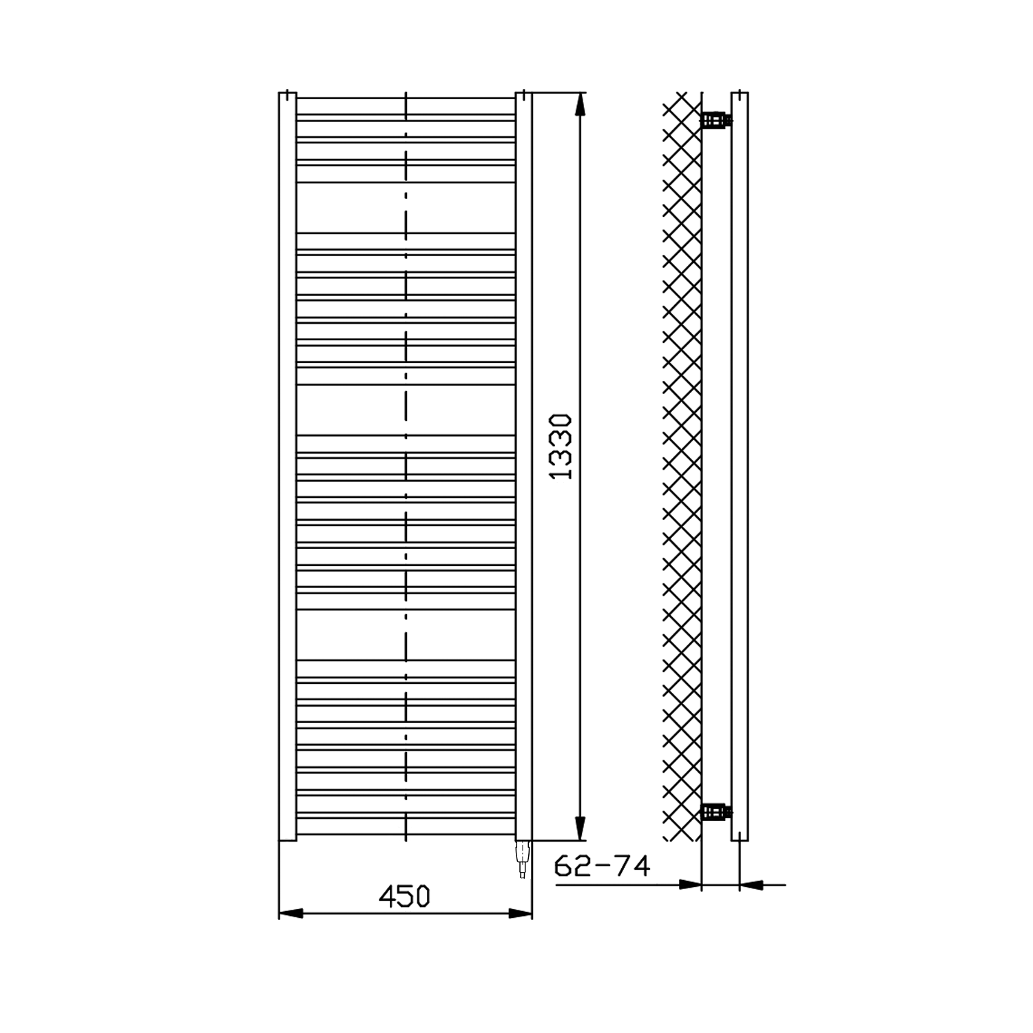 Aqualine TONDI-E elektrické otopné těleso rovné 450x1330 mm, 500 W, bílá, technický nákres