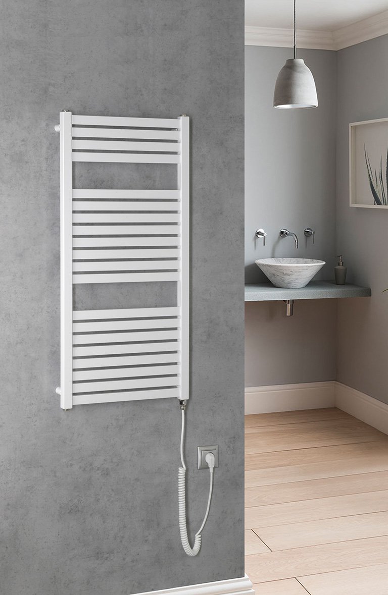 Aqualine TONDI-E elektrické otopné těleso rovné 450x970 mm, 300 W, bílá, na stěně v koupelně