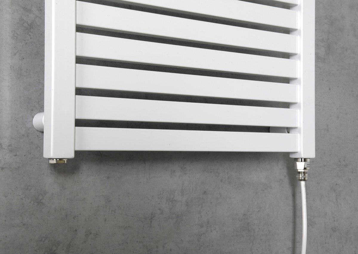 Aqualine TONDI-E elektrické otopné těleso rovné 450x970 mm, 300 W, bílá, detail topné tyče a kabelu