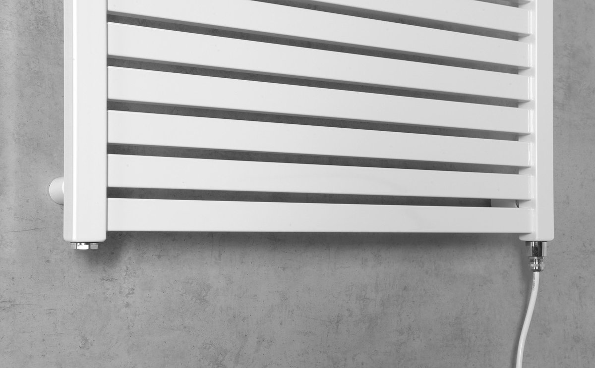 Aqualine TONDI-E elektrické otopné těleso rovné 600x970 mm, 400 W, bílá, detail topné tyče a kabelu