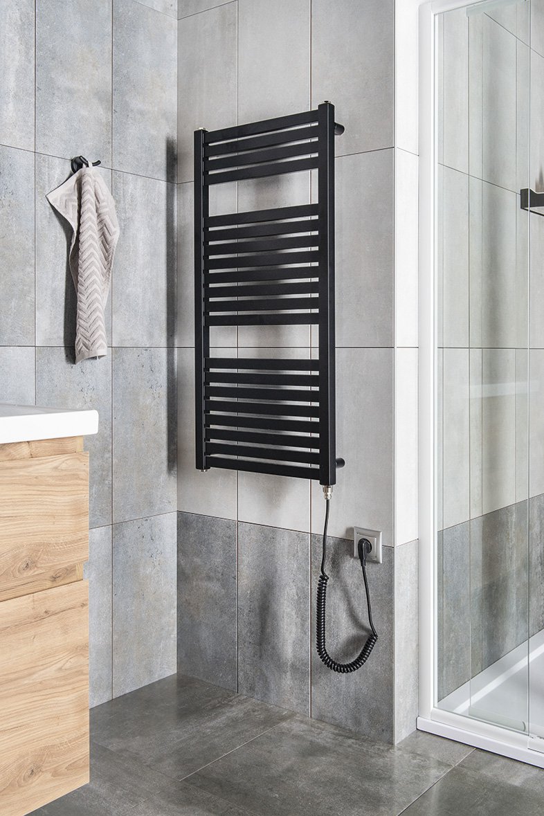 Aqualine TONDI-E elektrické otopné těleso rovné 450x970 mm, 300 W, černá mat, na stěně v koupelně