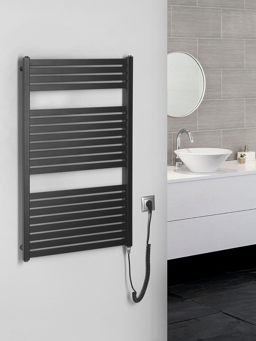 Aqualine TONDI-E elektrické otopné těleso rovné 600x970 mm, 400 W, černá mat, na stěně v koupelně