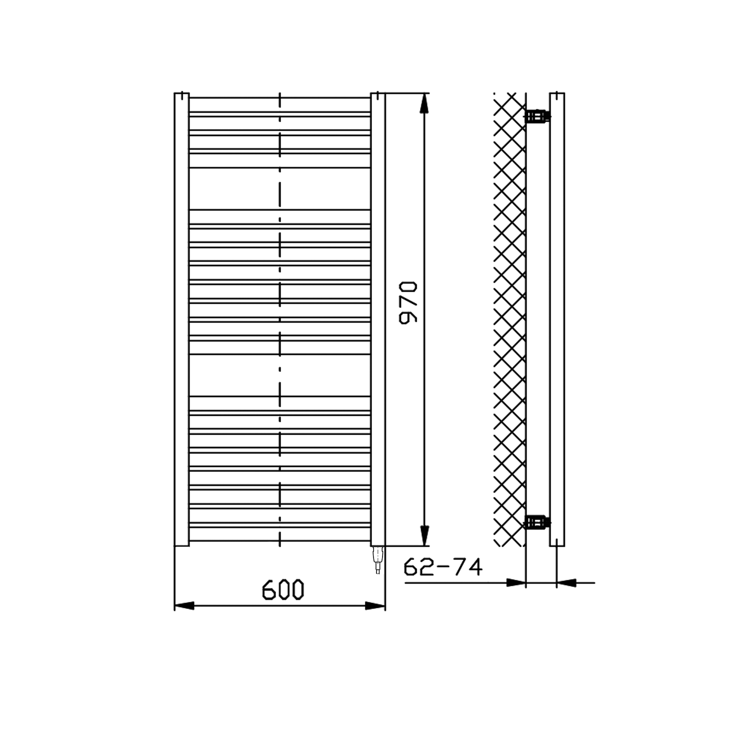 Aqualine TONDI-E elektrické otopné těleso rovné 600x970 mm, 400 W, černá mat, technický nákres