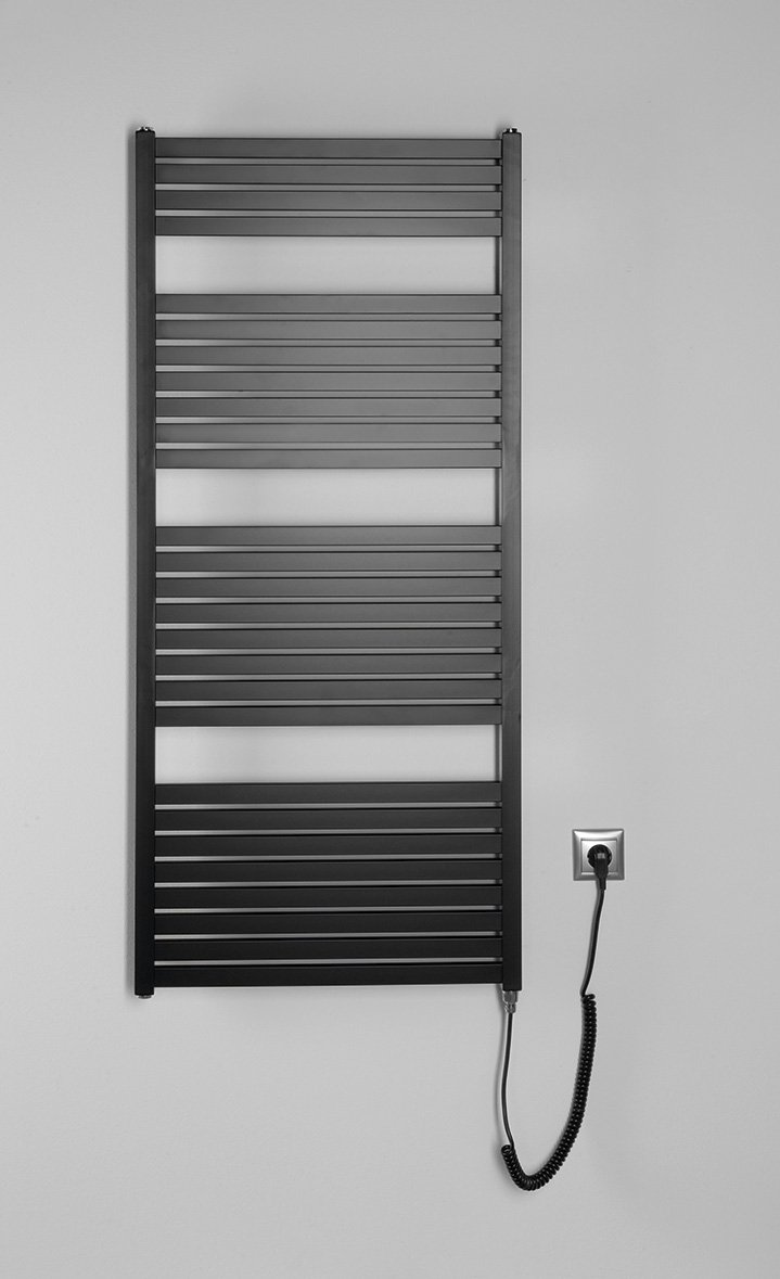 Aqualine TONDI-E elektrické otopné těleso rovné 600x1330 mm, 600 W, černá mat, na stěně s kabelem