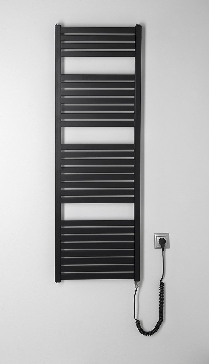 Aqualine TONDI-E elektrické otopné těleso rovné 450x1330 mm, 500 W, černá mat, na stěně s kabelem