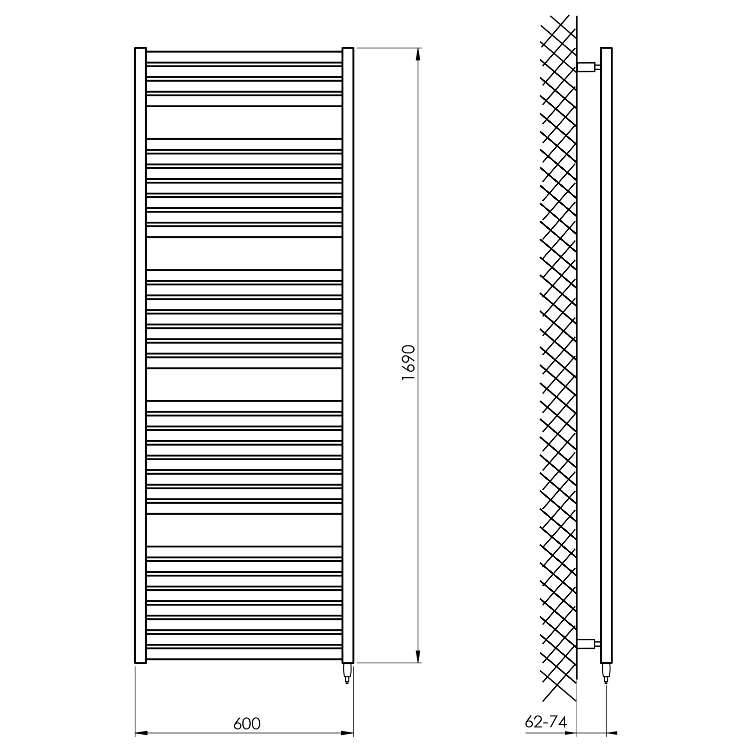Aqualine TONDI-E elektrické otopné těleso rovné 600x1690 mm, 800 W, černá mat, technický nákres
