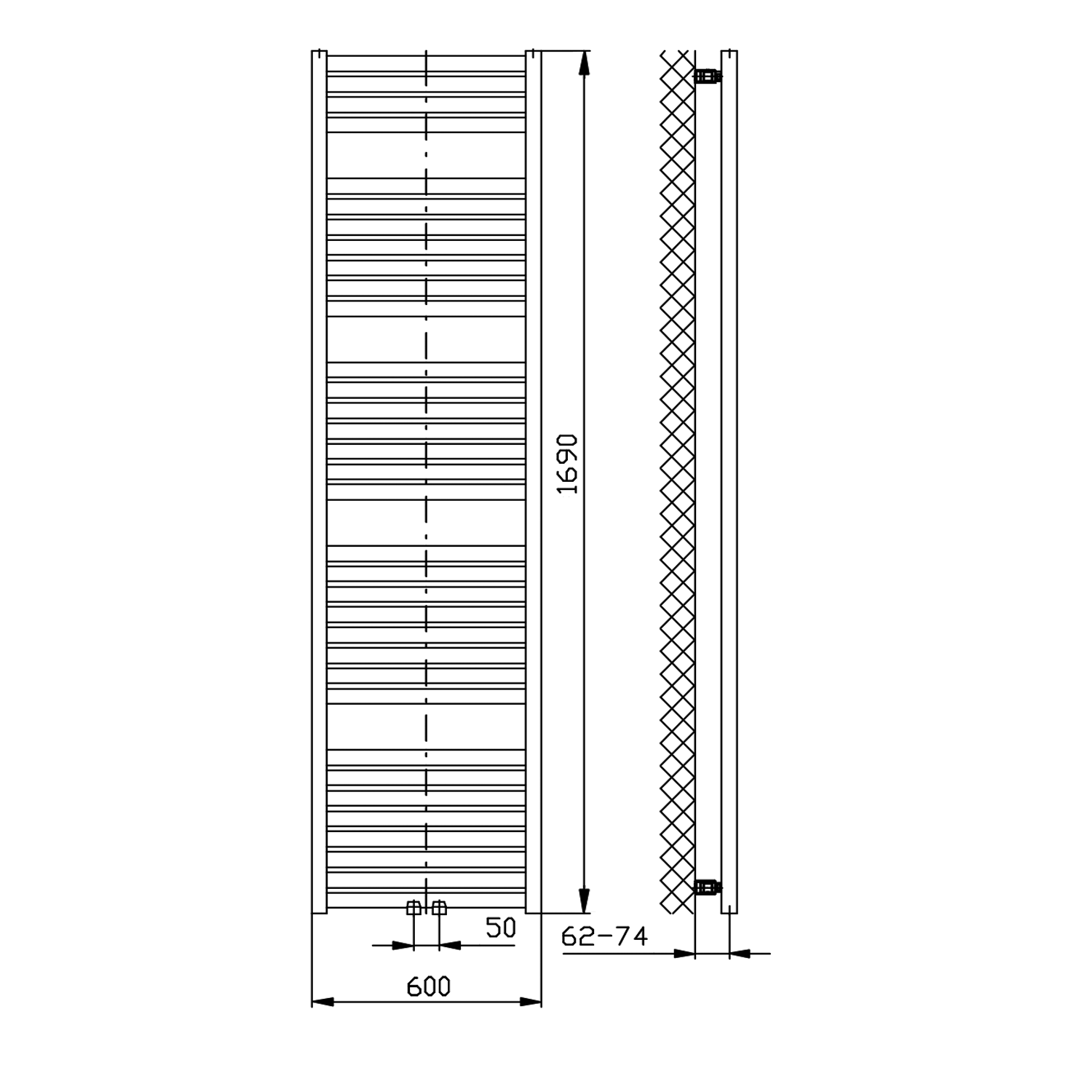 Aqualine TONDI otopné těleso rovné 600x1690 mm, středové připojení, černá mat, technický nákres