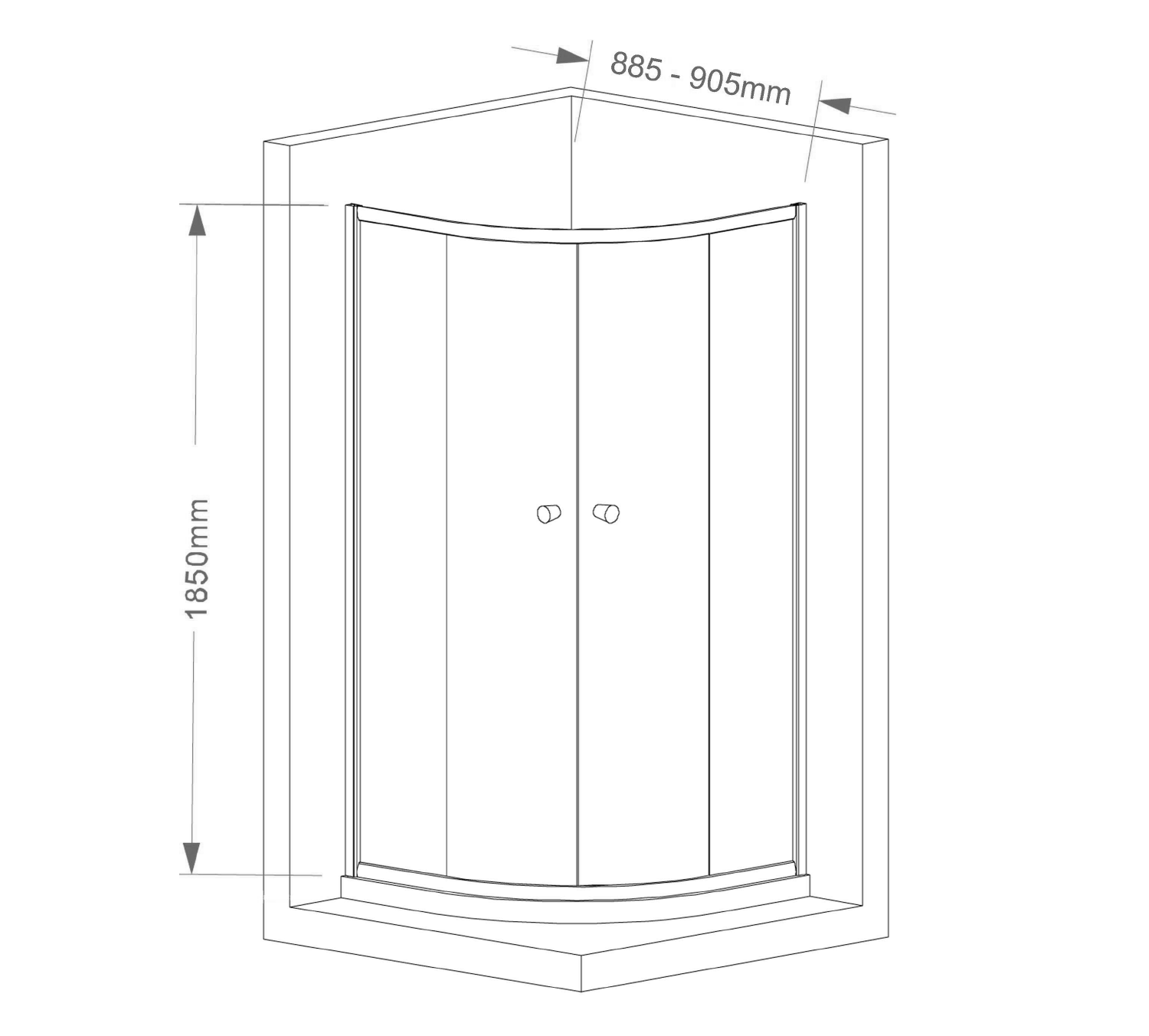 Aqualine ARLETA čtvrtkruhová sprchová zástěna 900x900mm, čiré sklo, technický nákres
