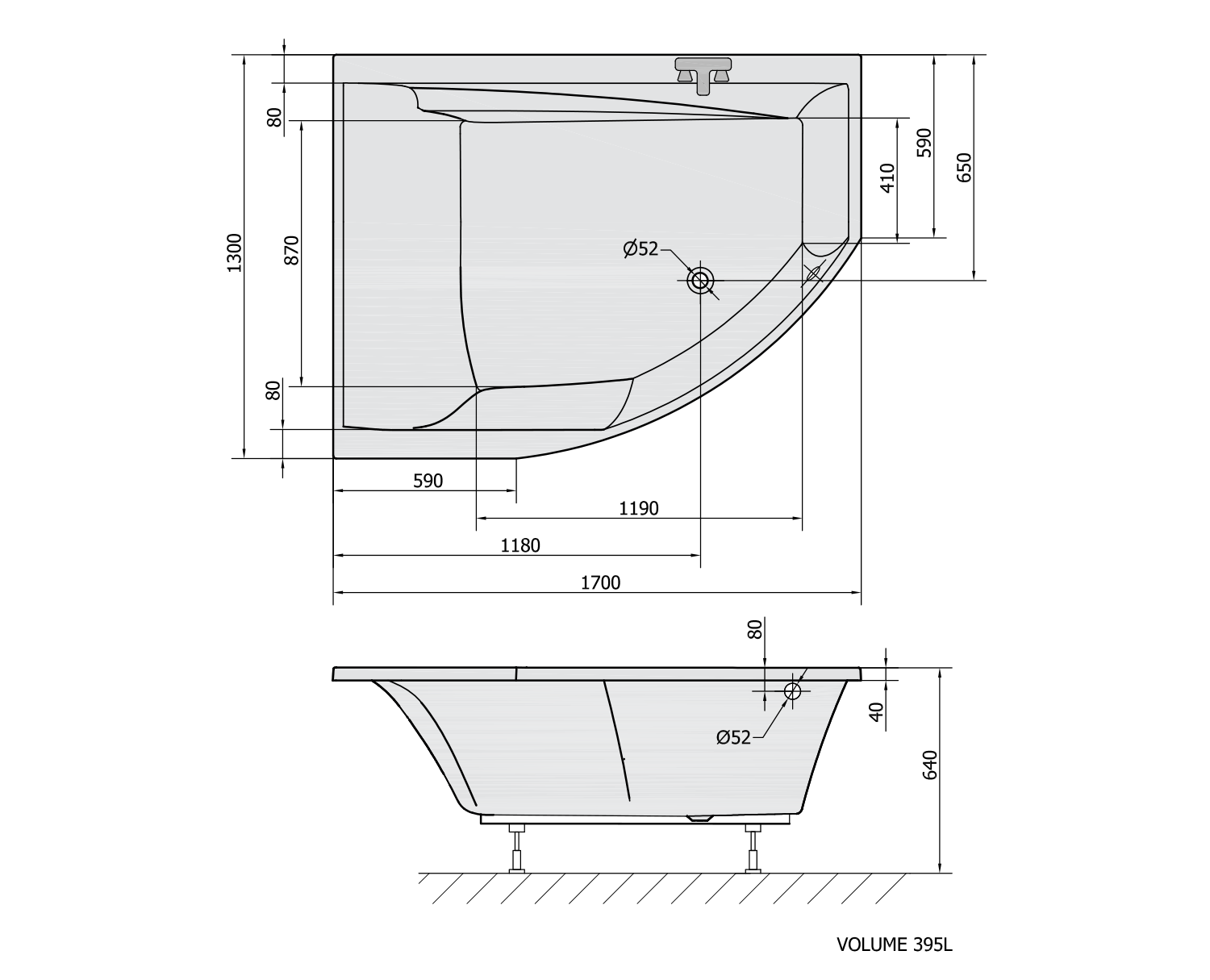 Polysan TANDEM L asymetrická vana 170x130x50cm, bílá, technický nákres