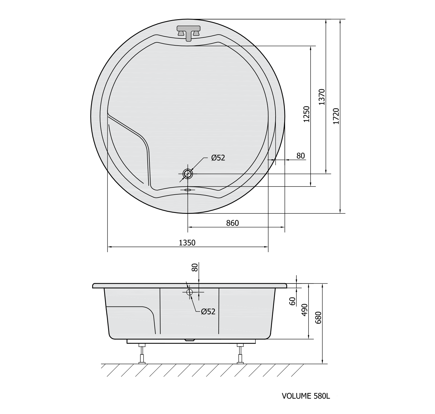Polysan ROYAL ROUND kulatá vana s konstrukcí 172x172x49cm, bílá, technický nákres