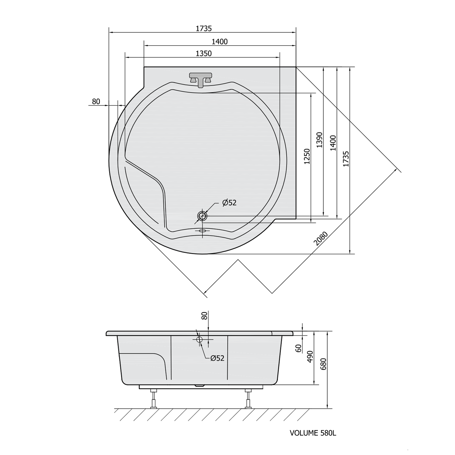 Polysan ROYAL CORNER kulatá vana s konstrukcí 173x173x49cm, bílá, technický nákres