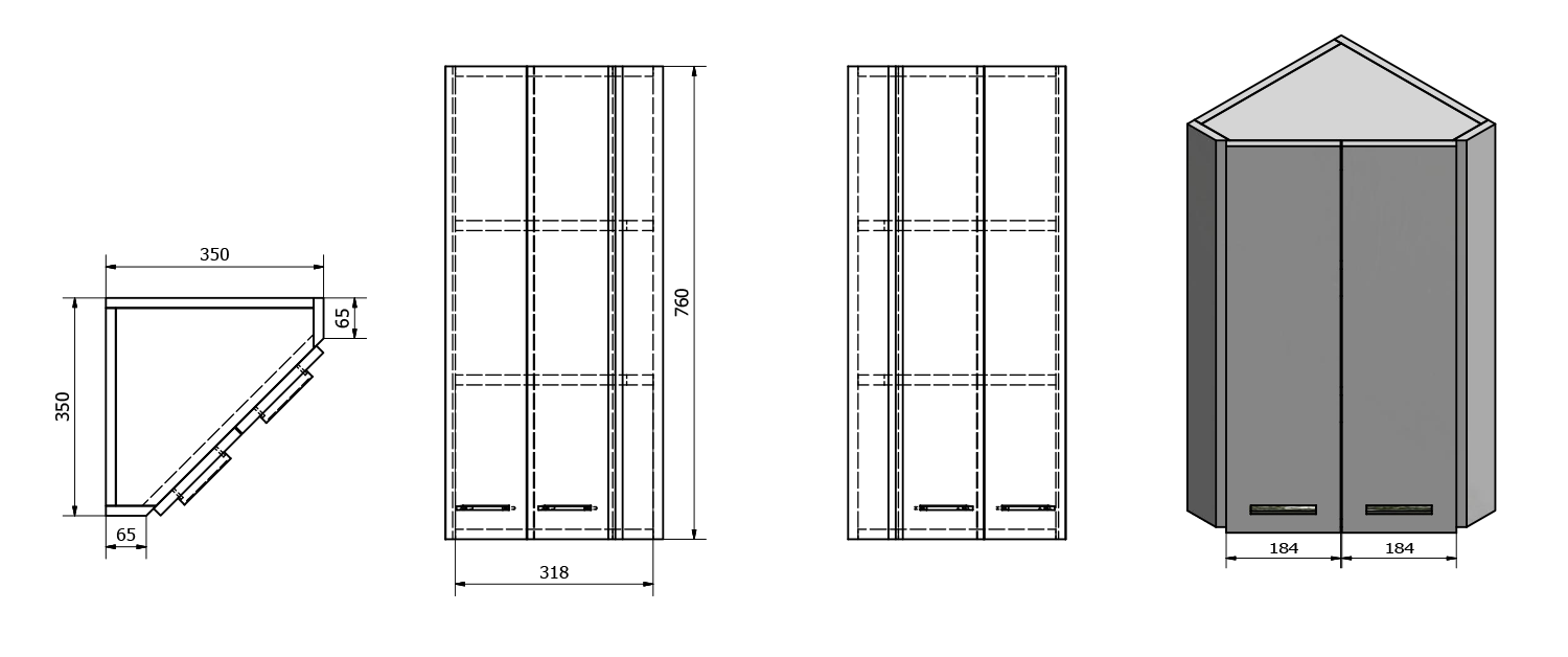 Aqualine ZOJA/KERAMIA FRESH horní skříňka rohová 35x76x35cm,dub platin, technický nákres