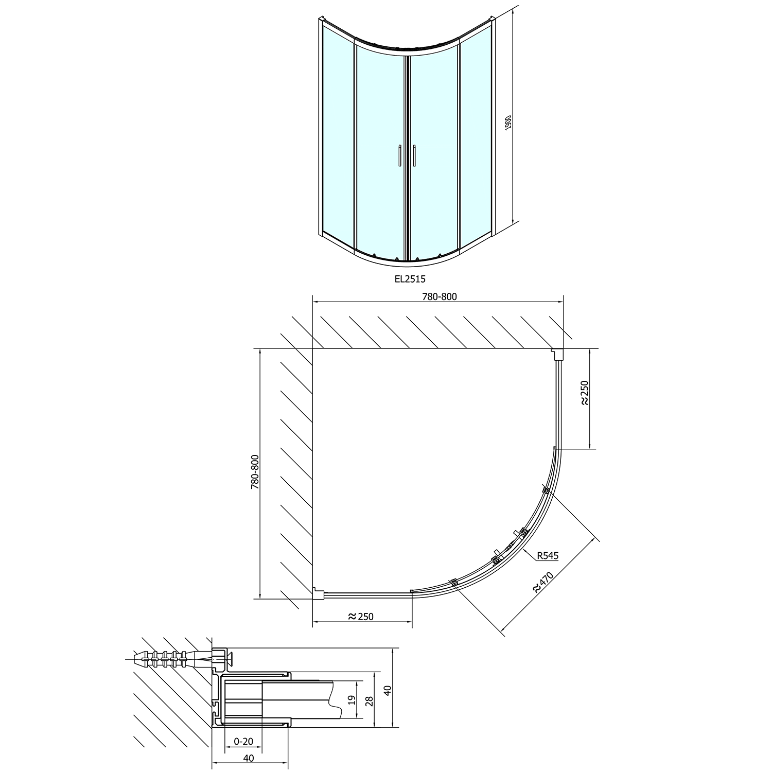 Polysan EASY čtvrtkruhová sprchová zástěna 800x800mm, L/R, čiré sklo, technický nákres