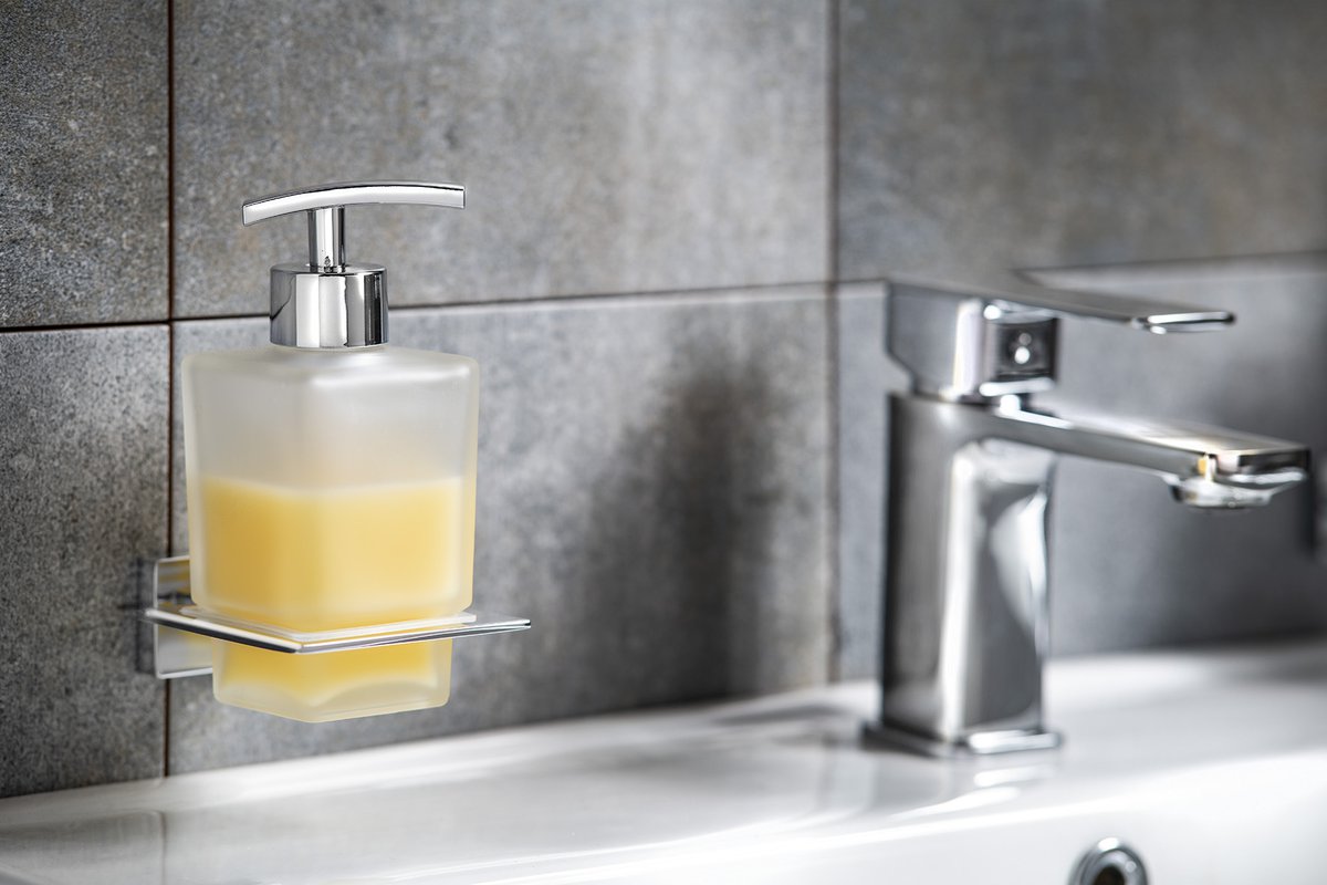 Aqualine APOLLO dávkovač mýdla, 200ml, mléčné sklo, chrom, u umyvadla s baterií