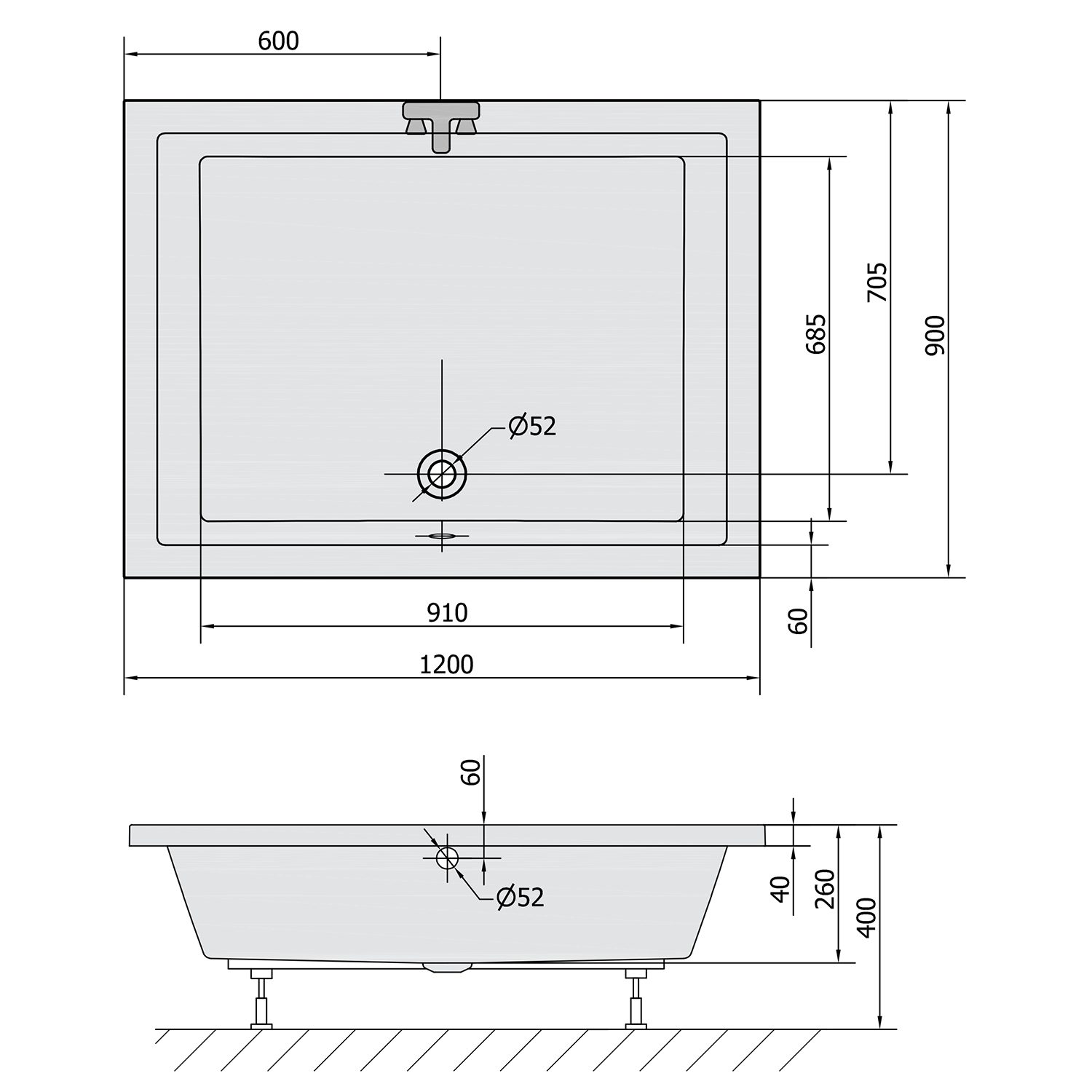 Polysan DEEP hluboká sprchová vanička s konstrukcí, obdélník 120x90x26cm, bílá, technický nákres