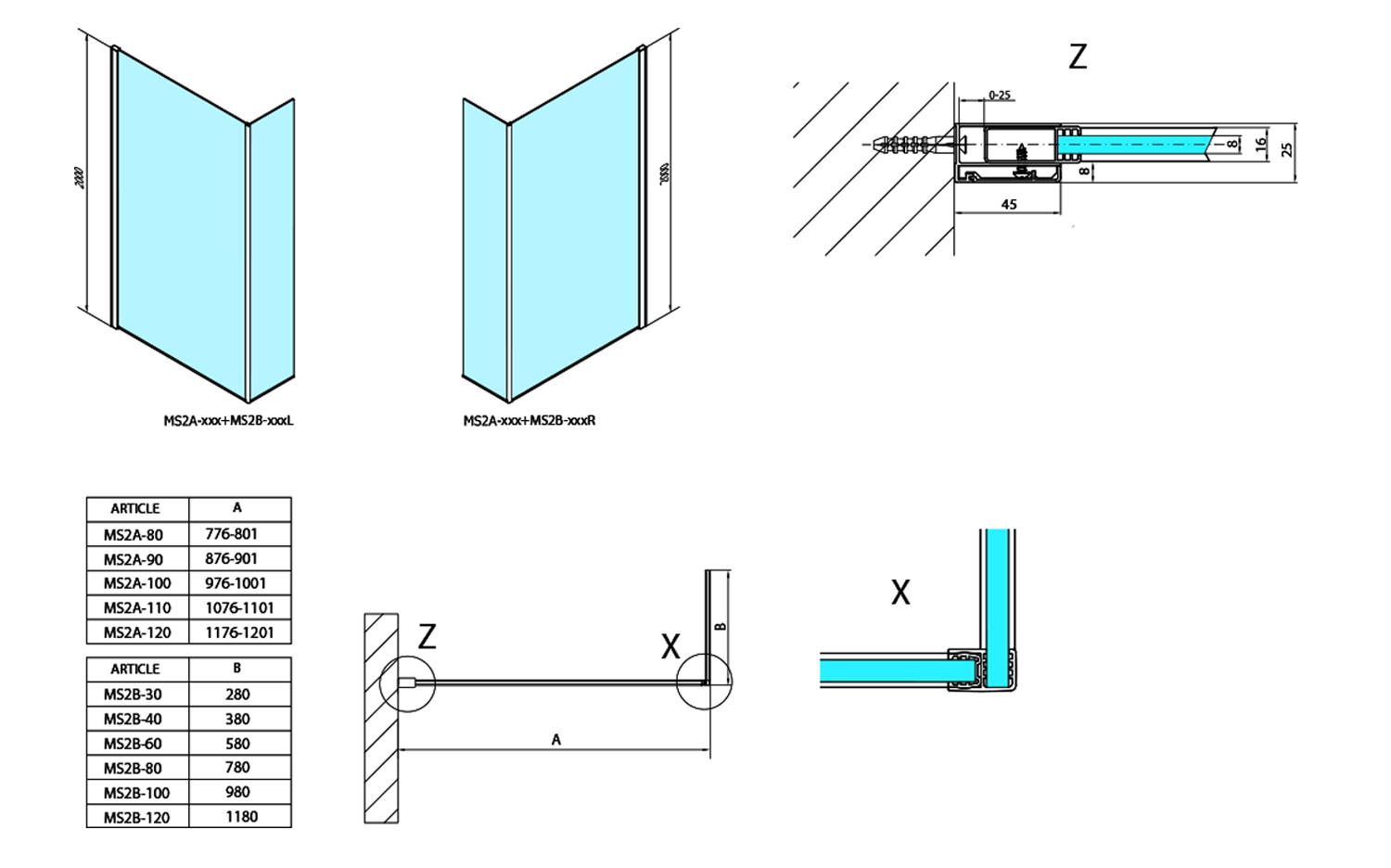 Polysan MODULAR SHOWER stěna k instalaci na zeď, pro připojení pevného panelu, 1000 mm, technický nákres