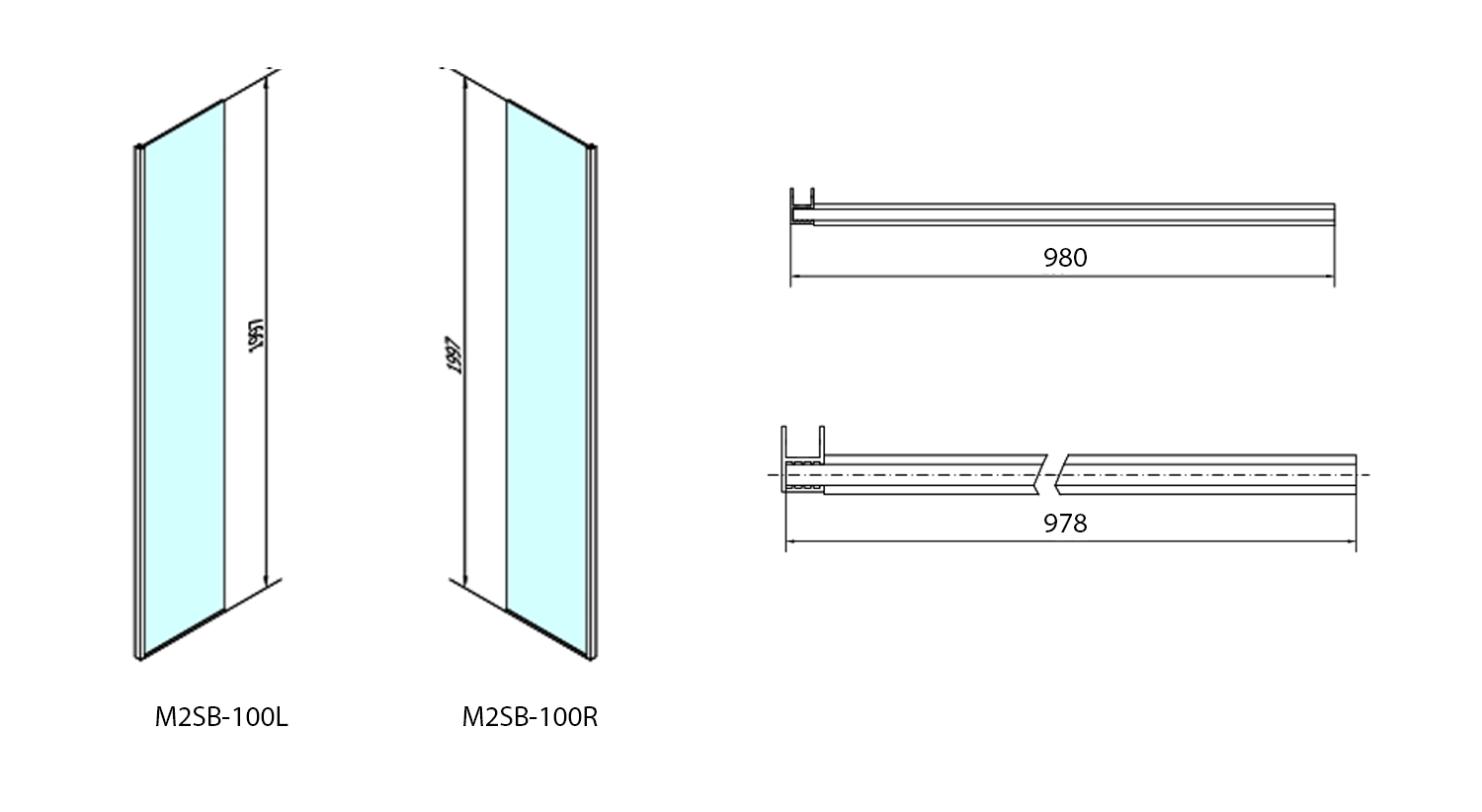 Polysan MODULAR SHOWER pevný panel k instalaci na stěnu modulu MS2, 1000 mm, levý, technický nákres