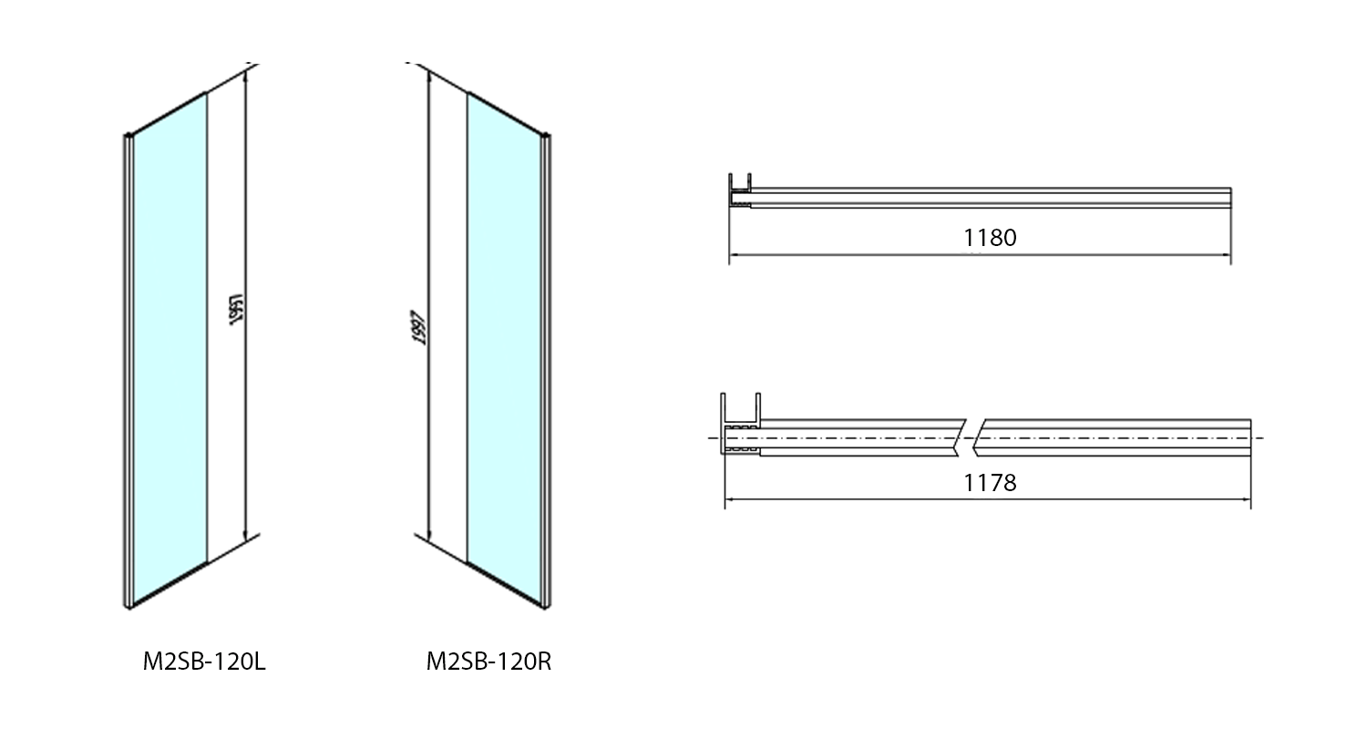 Polysan MODULAR SHOWER pevný panel k instalaci na stěnu modulu MS2, 1200 mm, pravý, technický nákres
