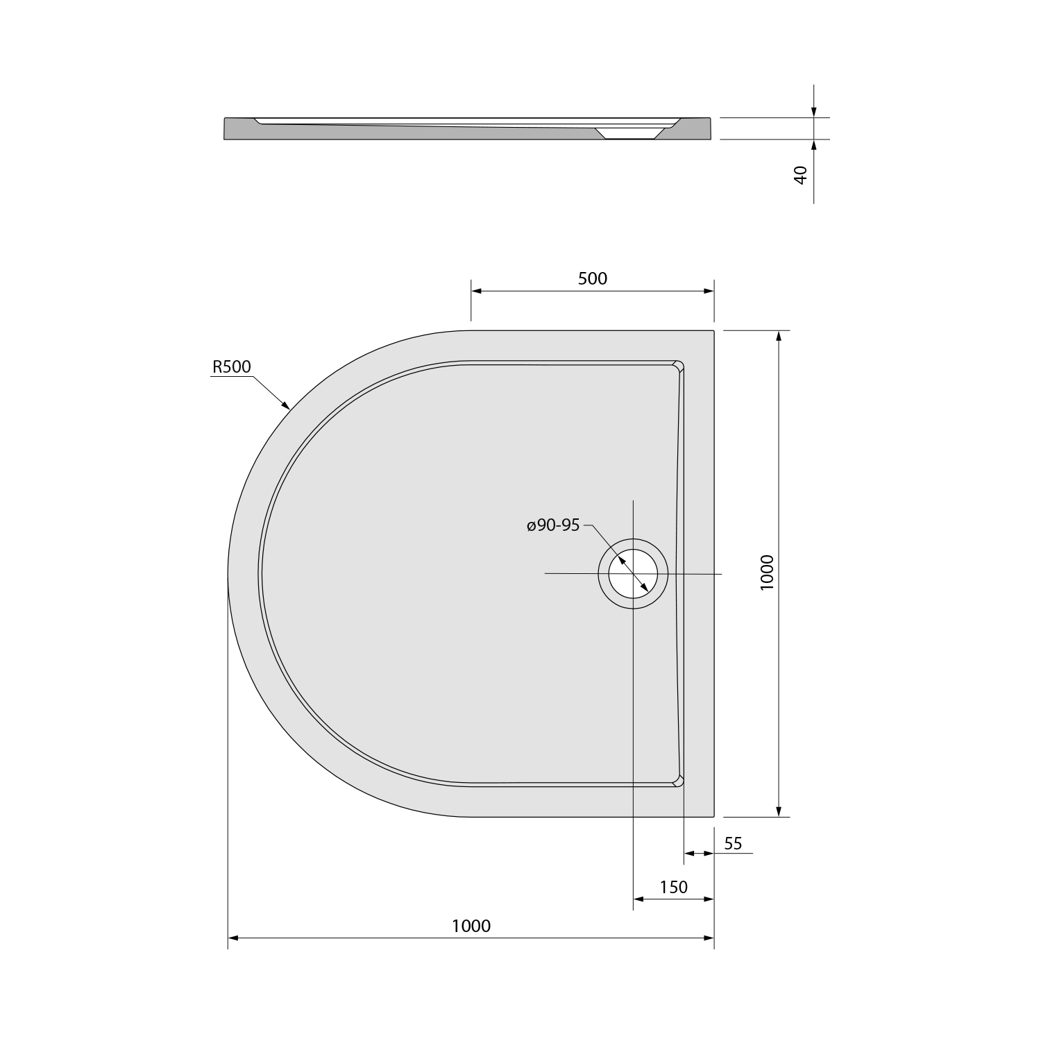 Polysan ISA 100 sprchová vanička z litého mramoru, půlkruh 100x100cm, bílá, technický nákres