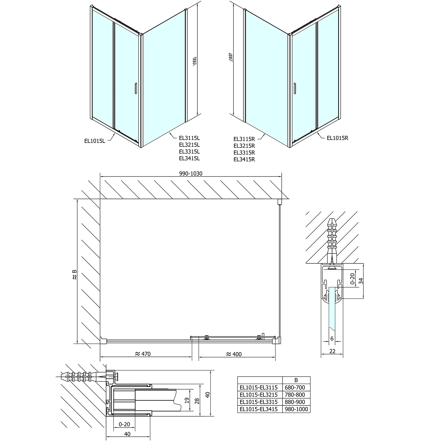 Polysan EASY čtvercový sprchový kout 1000x1000mm, čiré sklo L/P varianta, technický nákres