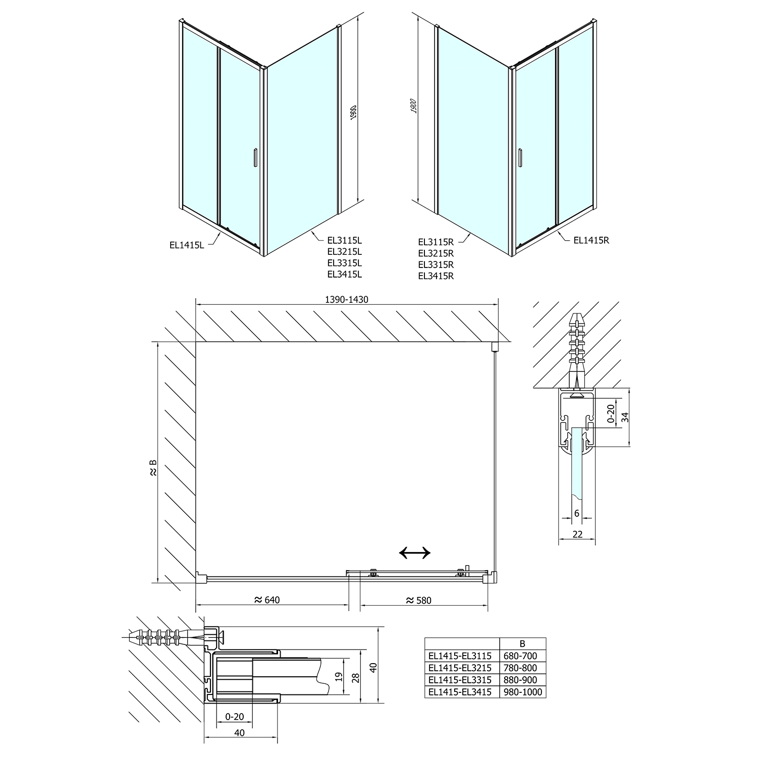 Polysan EASY obdélníkový sprchový kout 1400x800mm, čiré sklo L/P varianta, technický nákres