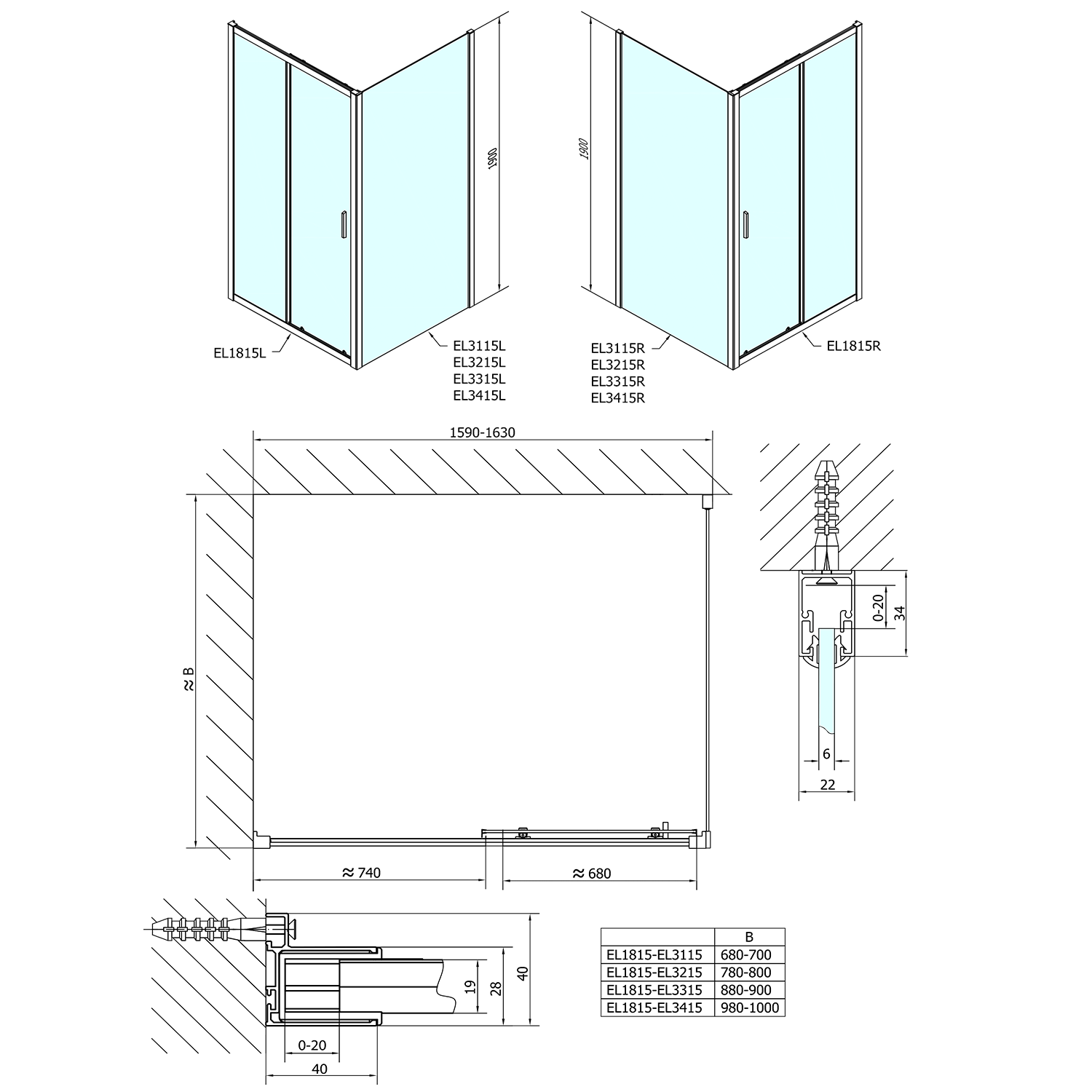 Polysan EASY obdélníkový sprchový kout 1600x900mm, čiré sklo L/P varianta, technický nákres