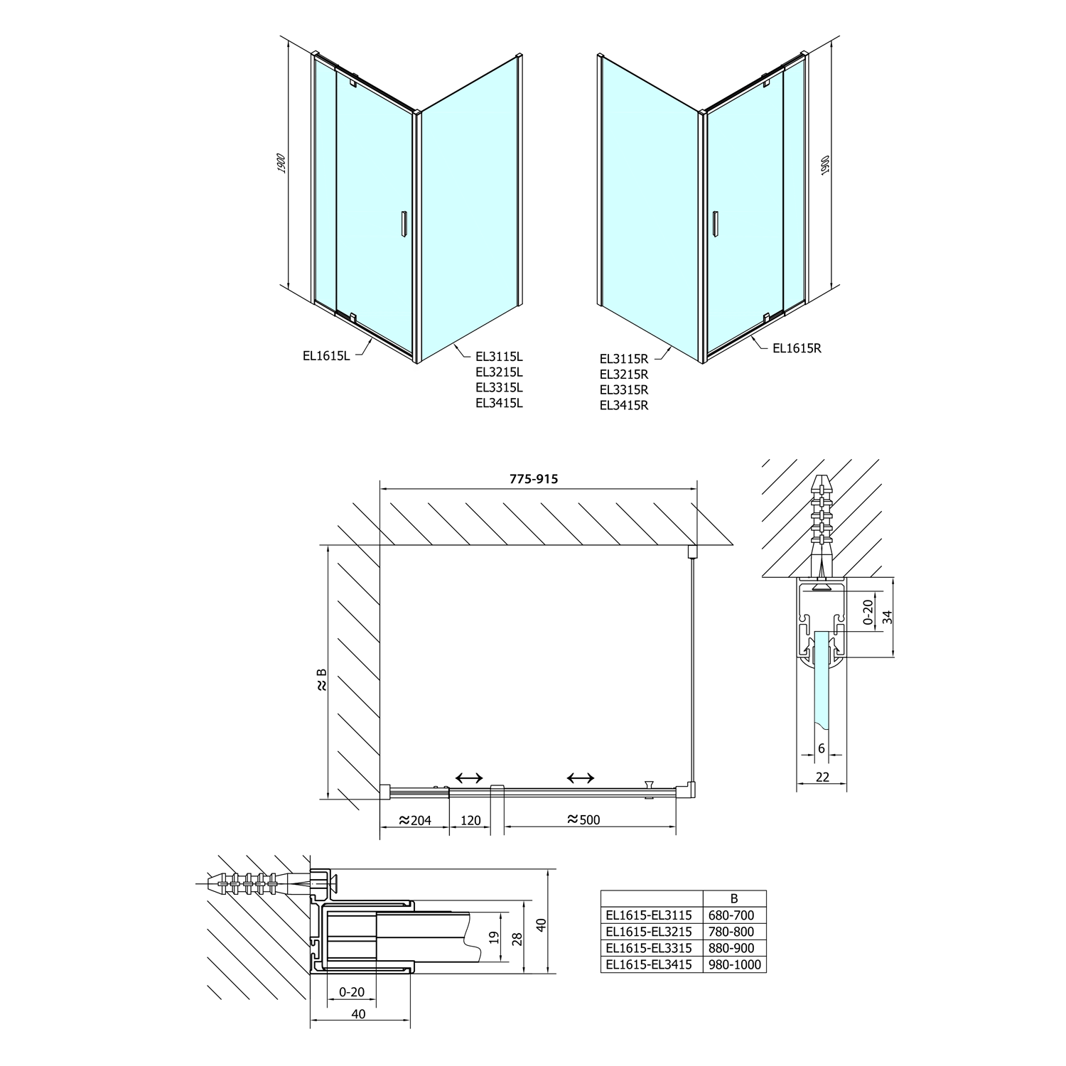 Polysan EASY obdélník/čtverec sprchový kout pivot dveře 800-900x900mm L/P varianta, technický nákres