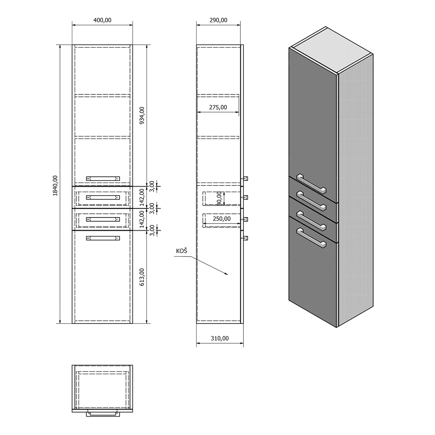 Aqualine VEGA skříňka vysoká s košem, 40x184x31cm, dub platin, technický nákres