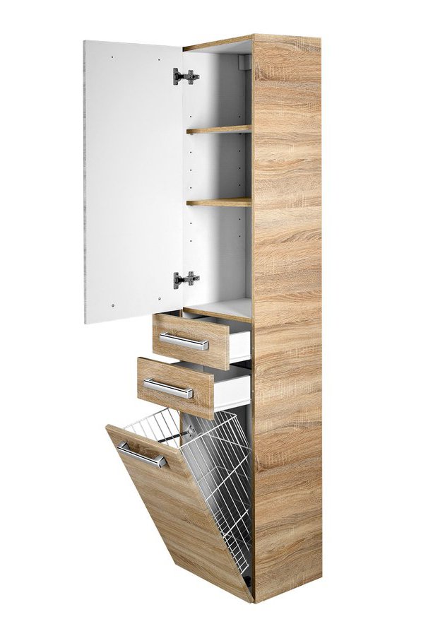 Aqualine VEGA skříňka vysoká s košem, 40x184x31cm, dub platin, s otevřenými dvířky a zásuvkami