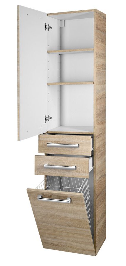 Aqualine VEGA skříňka vysoká s košem, 40x184x31cm, dub platin, s otevřenými dvířky a zásuvkami 2