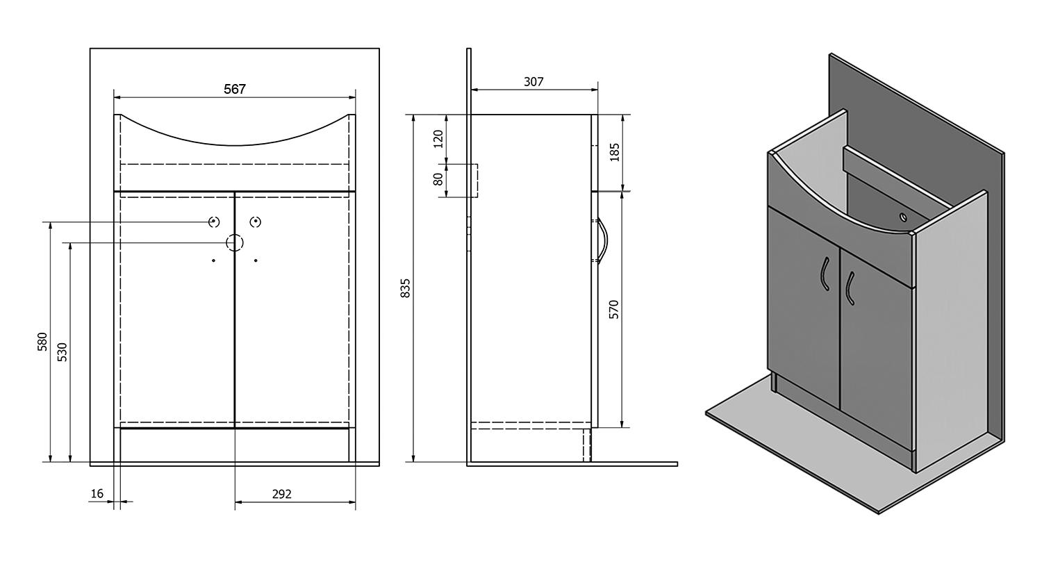 Aqualine SIMPLEX ECO 60 umyvadlová skříňka včetně umyvadla 58,5x83,5x30,7cm, technický nákres