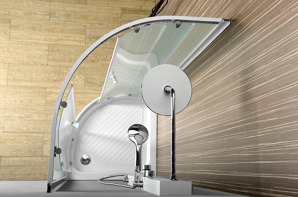Aqualine ARLEN čtvrtkruhová sprchová zástěna 900x900mm, sklo Brick, pohled shora do koutu