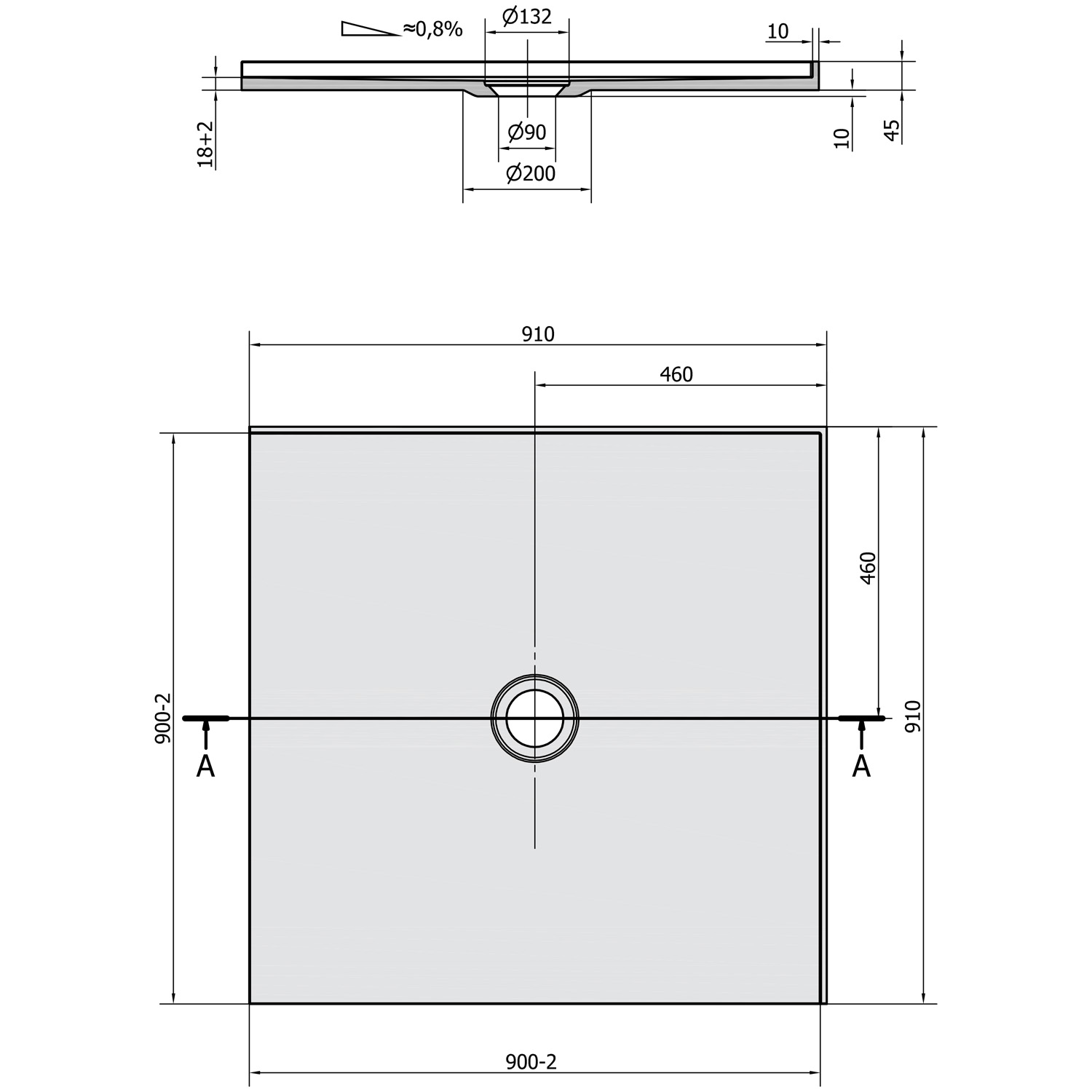 Polysan MIRAI sprchová vanička z litého mramoru, čtverec 90x90x1,8cm, bílá, technický nákres