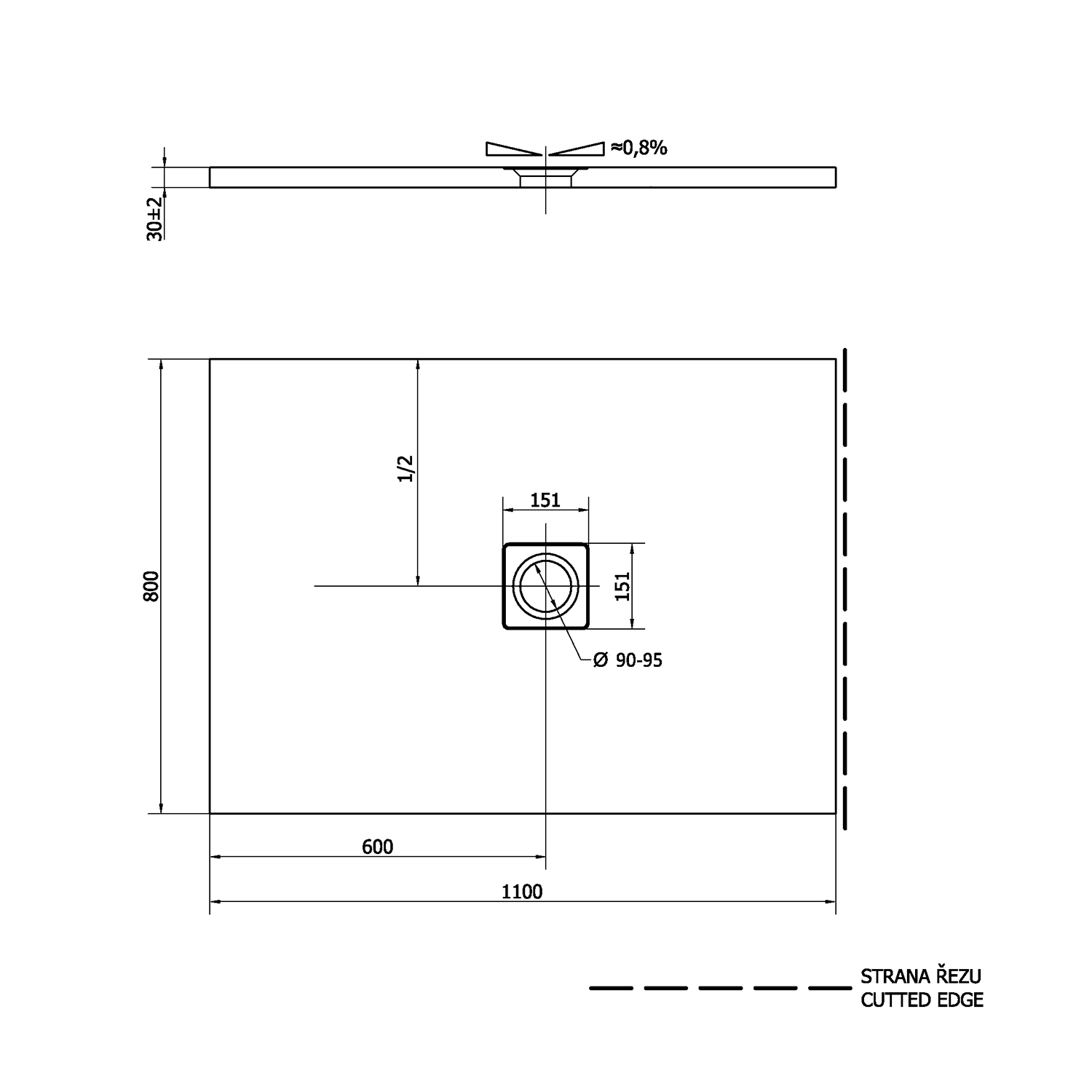 Polysan FLEXIA vanička z litého mramoru s možností úpravy rozměru, 110x80cm, technický nákres