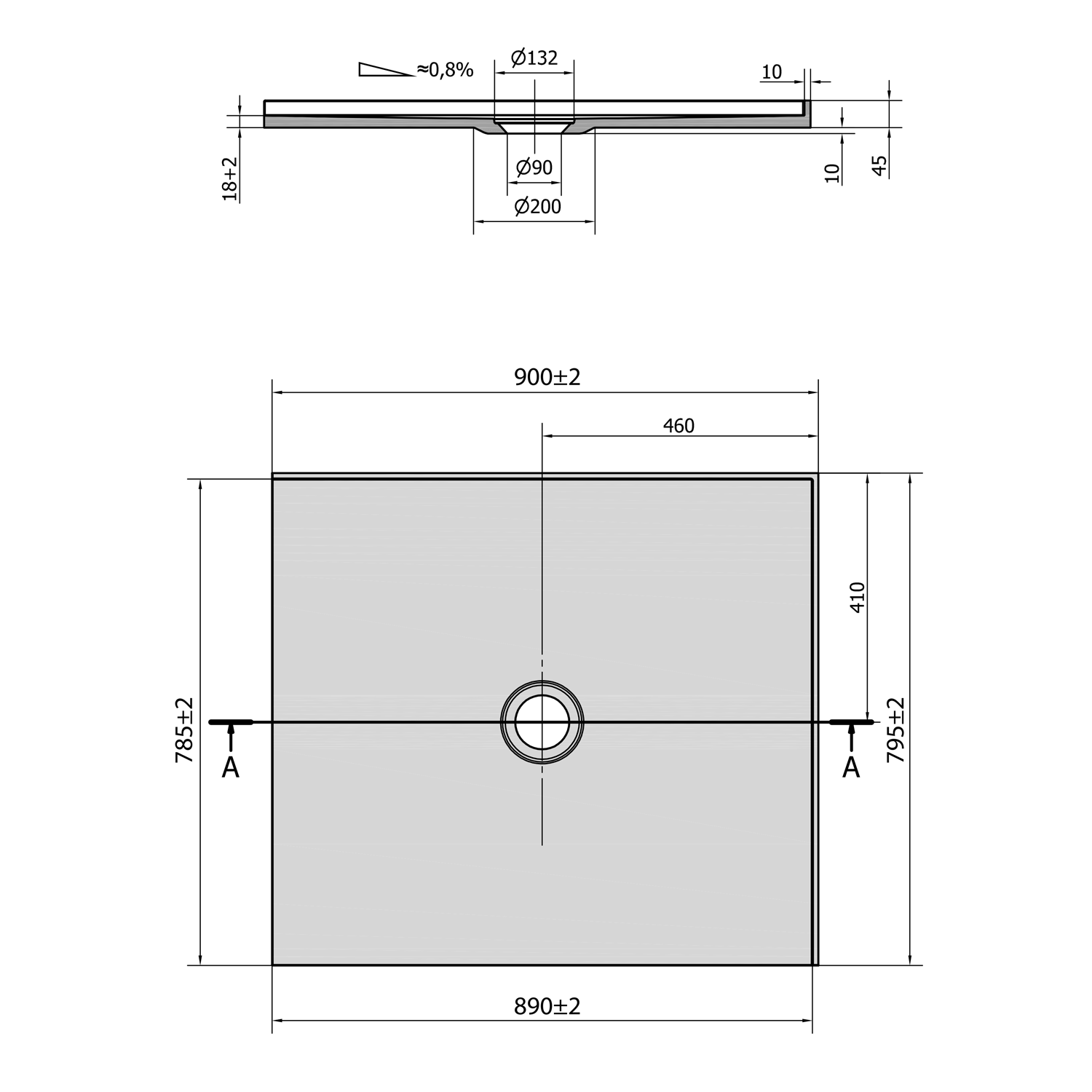 Polysan MIRAI sprchová vanička z litého mramoru, obdélník 90x80x1,8cm, pravá, bílá, technický nákres
