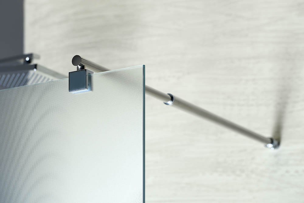 Aqualine WALK-IN zástěna jednodílná k instalaci na zeď, 1000x1900mm, sklo Brick, detail úchytu skla a vzpěry