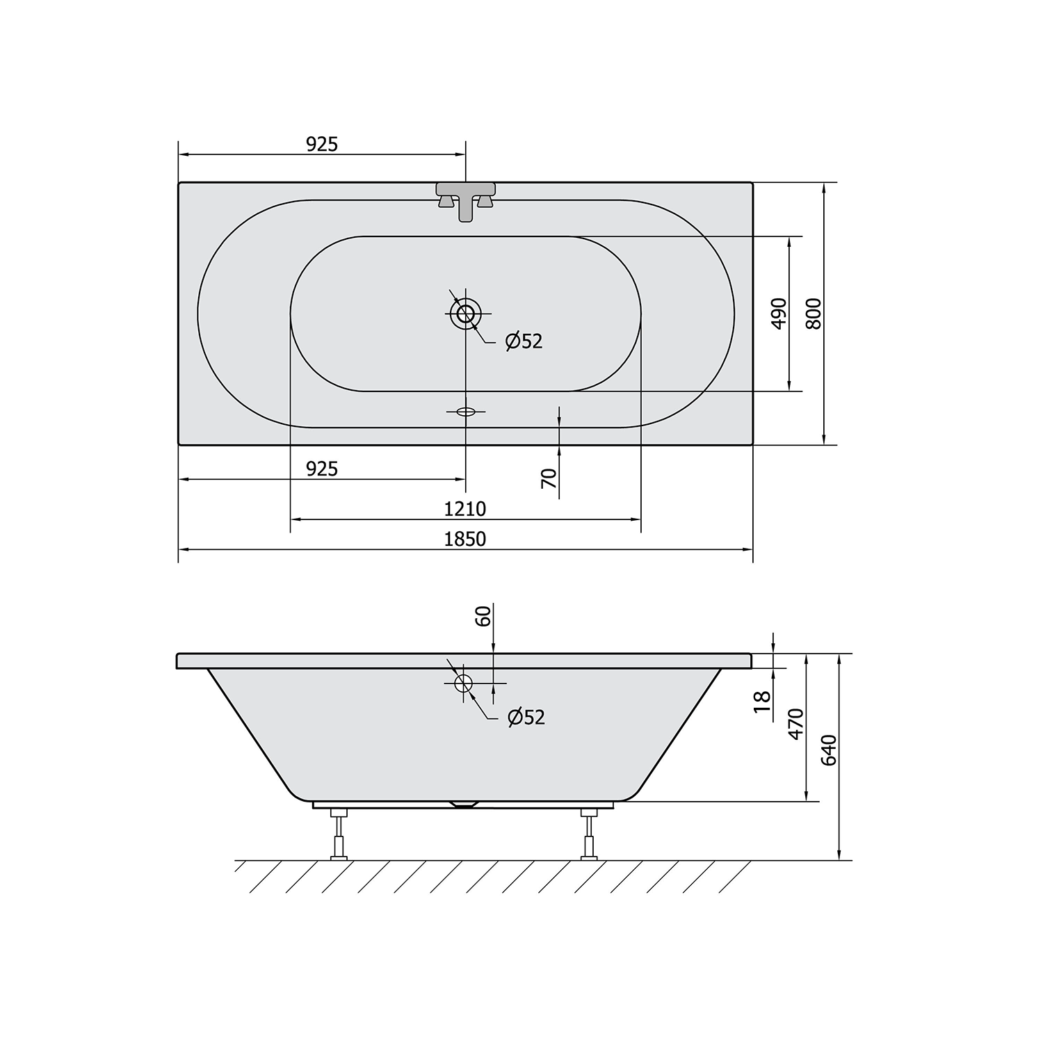 Polysan VIVA B SLIM obdélníková vana 185x80x47cm, bílá, technický nákres