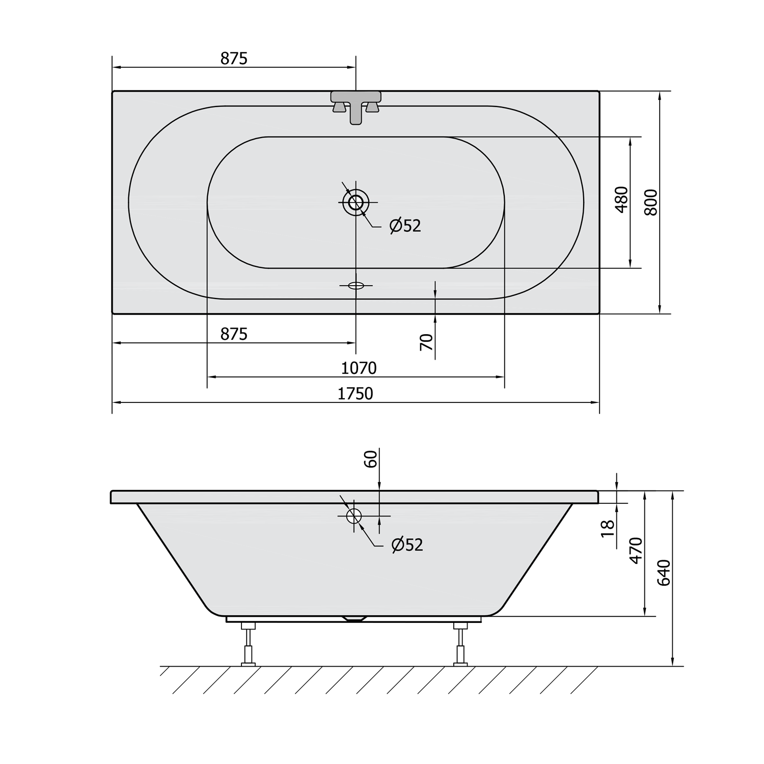 Polysan VIVA B SLIM obdélníková vana 175x80x47cm, bílá, technický nákres