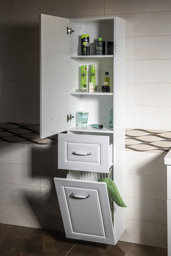 Aqualine FAVOLO vysoká skříňka košem 40x184x31cm, bílá mat, s otevřenými dvířky a zásuvkou