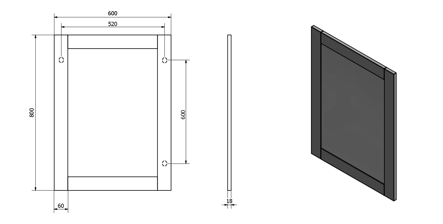 Aqualine FAVOLO zrcadlo v rámu 60x80cm, bílá mat, technický nákres